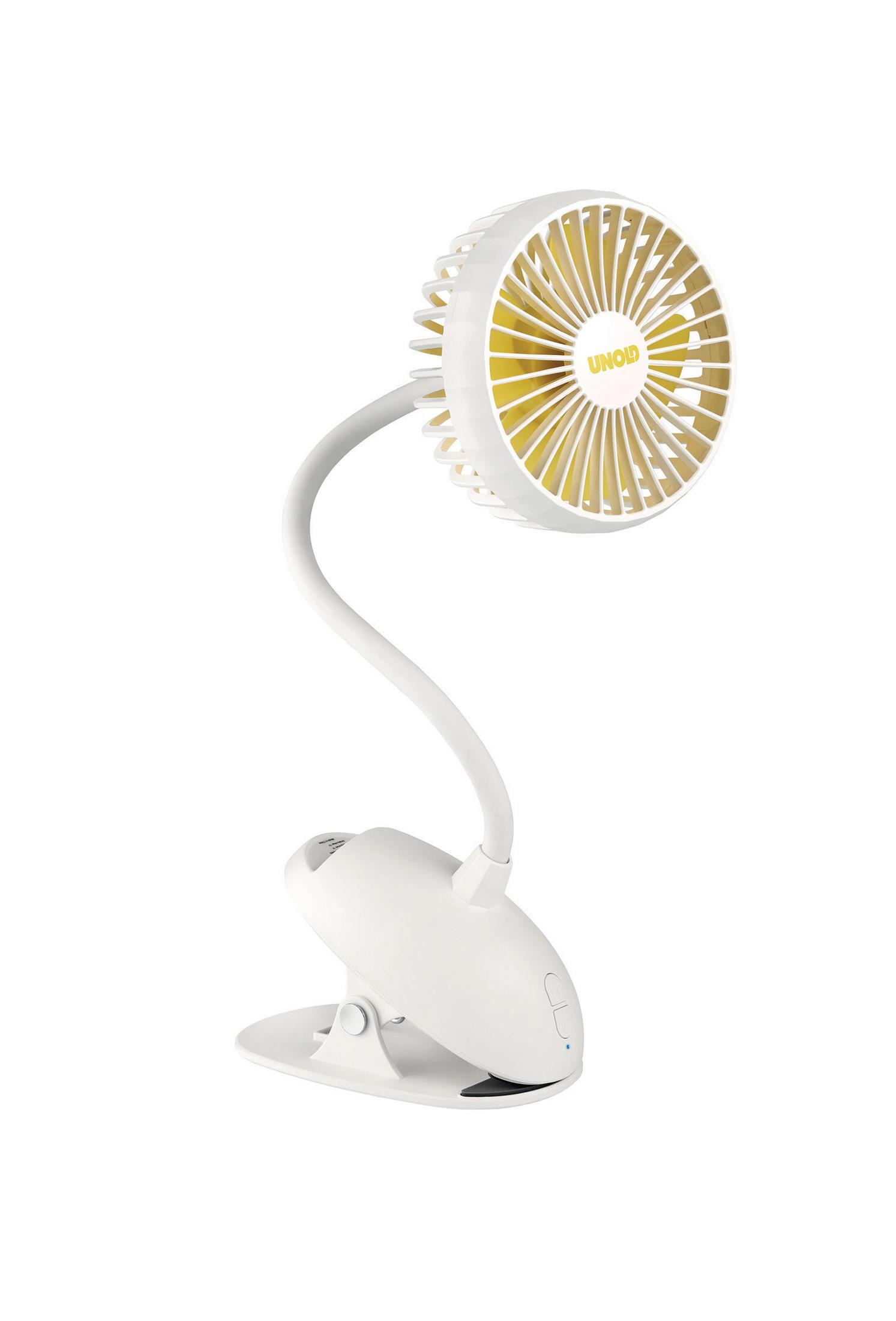 Biały przenośny wentylator z elastyczną szyjką i klipsem do mocowania.