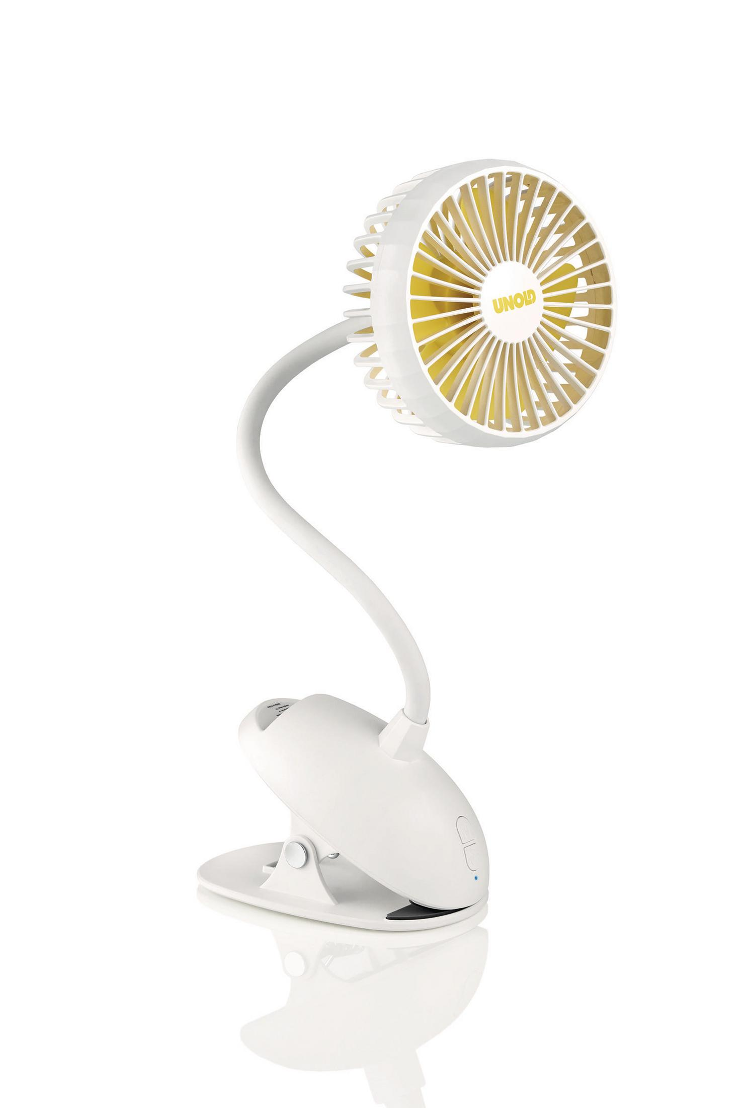 Biały przenośny wentylator z elastyczną szyjką i klipsem. Łopatki wentylatora są żółte.