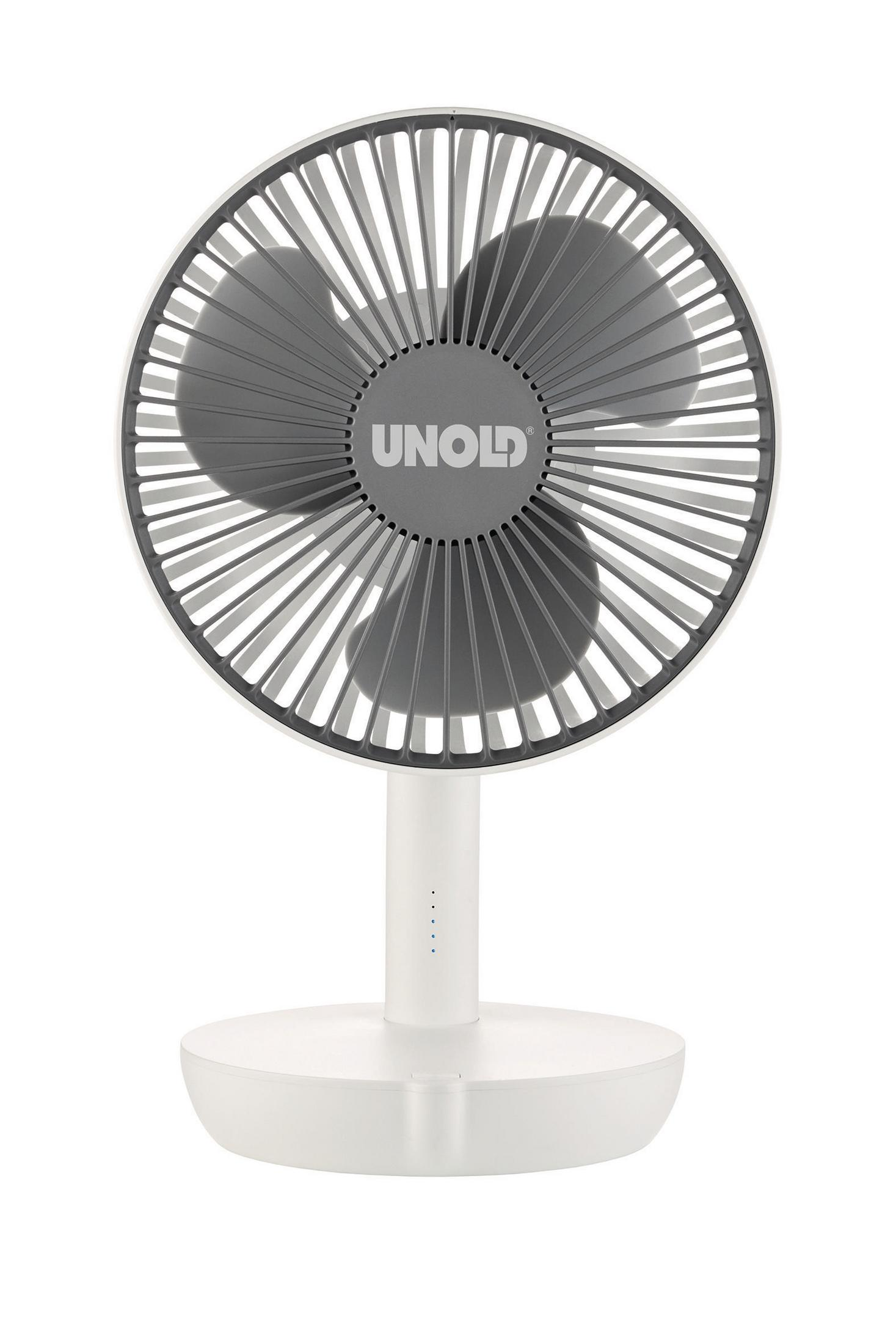 Ein weiß-grauer UNOLD-Schreibtischventilator mit drei grauen Flügeln. Er steht auf einem weißen Sockel mit Bedienfeld.