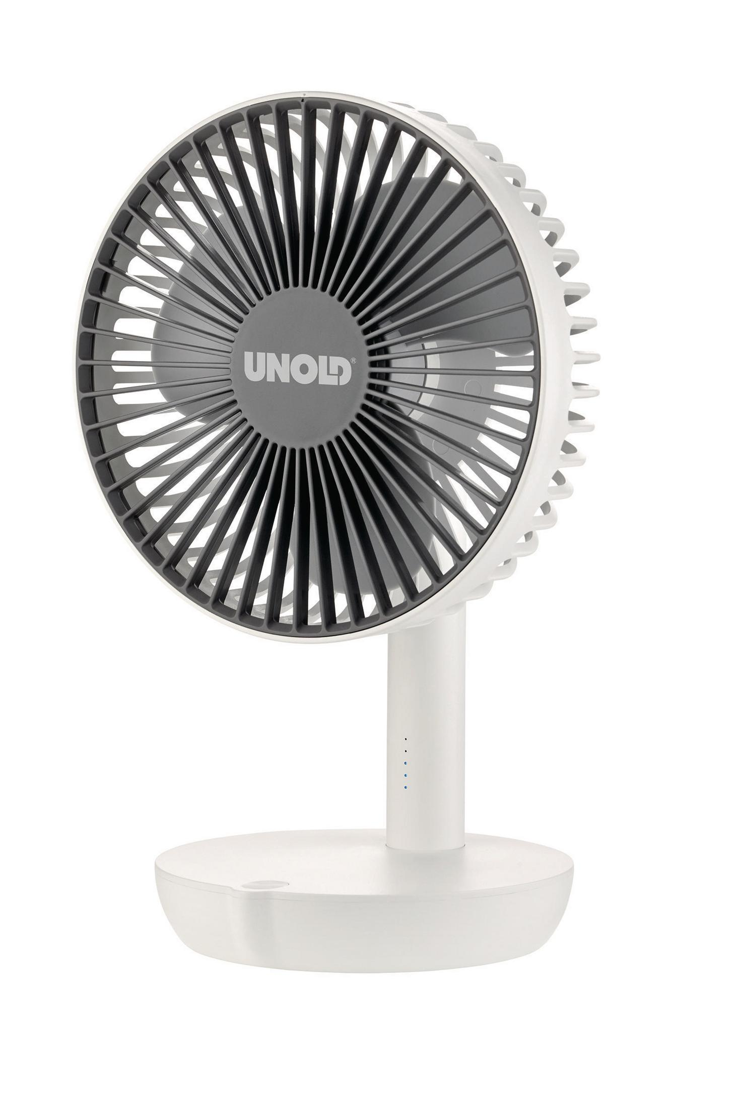 Ein weißer, kleiner Ventilator mit schwarzem Gitter und weißem Sockel, auf weißem Hintergrund.