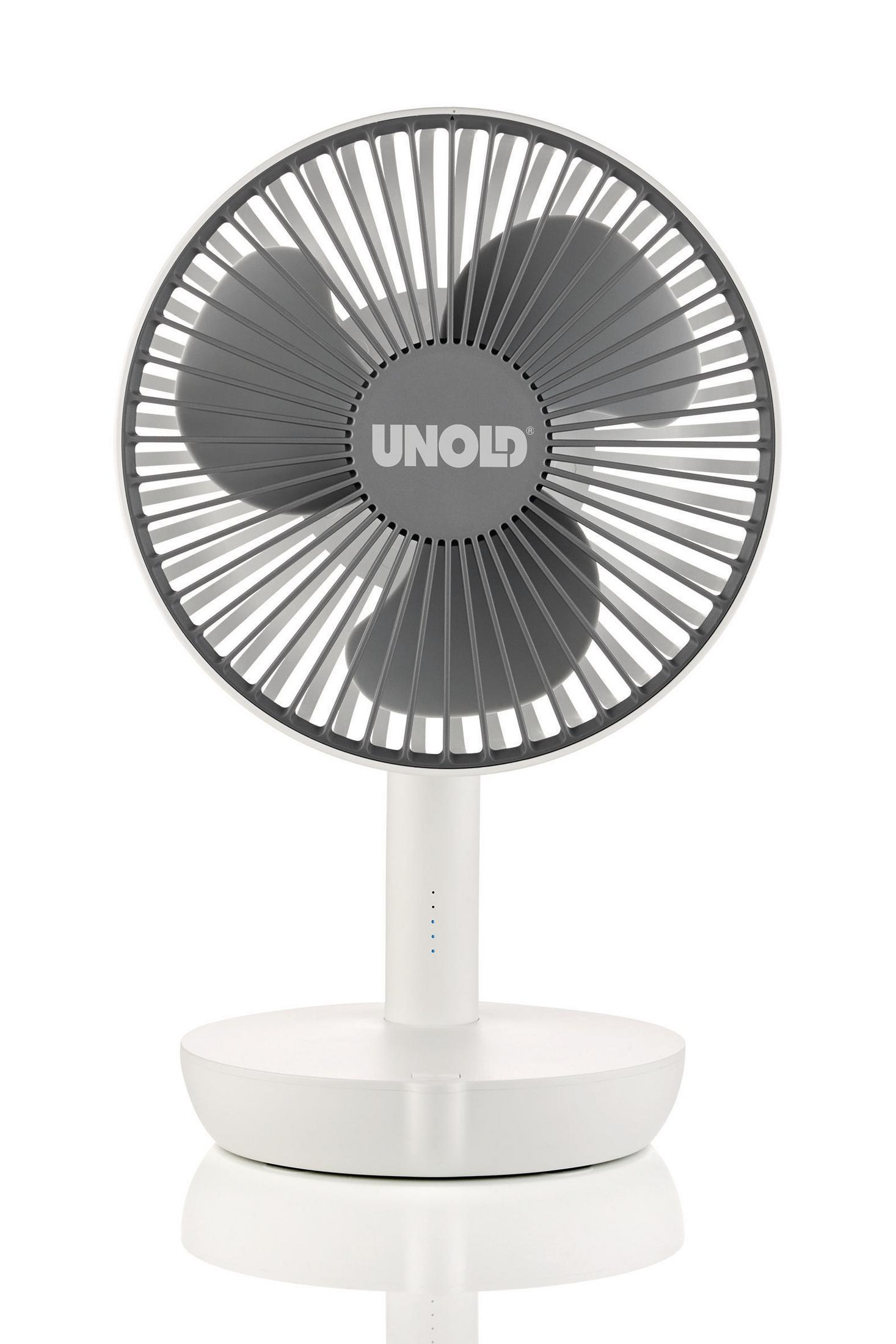 Ein weiß-grauer Unold-Tischventilator auf weißem Untergrund, vor weißem Hintergrund.