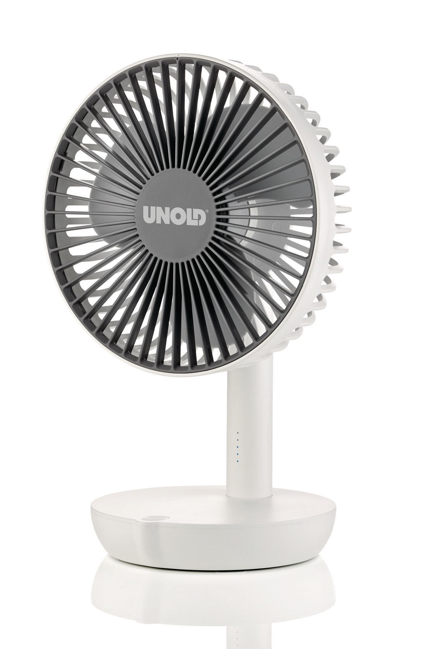 Weißer Schreibtischventilator mit grauen Blättern, zentriert auf weißem Hintergrund.