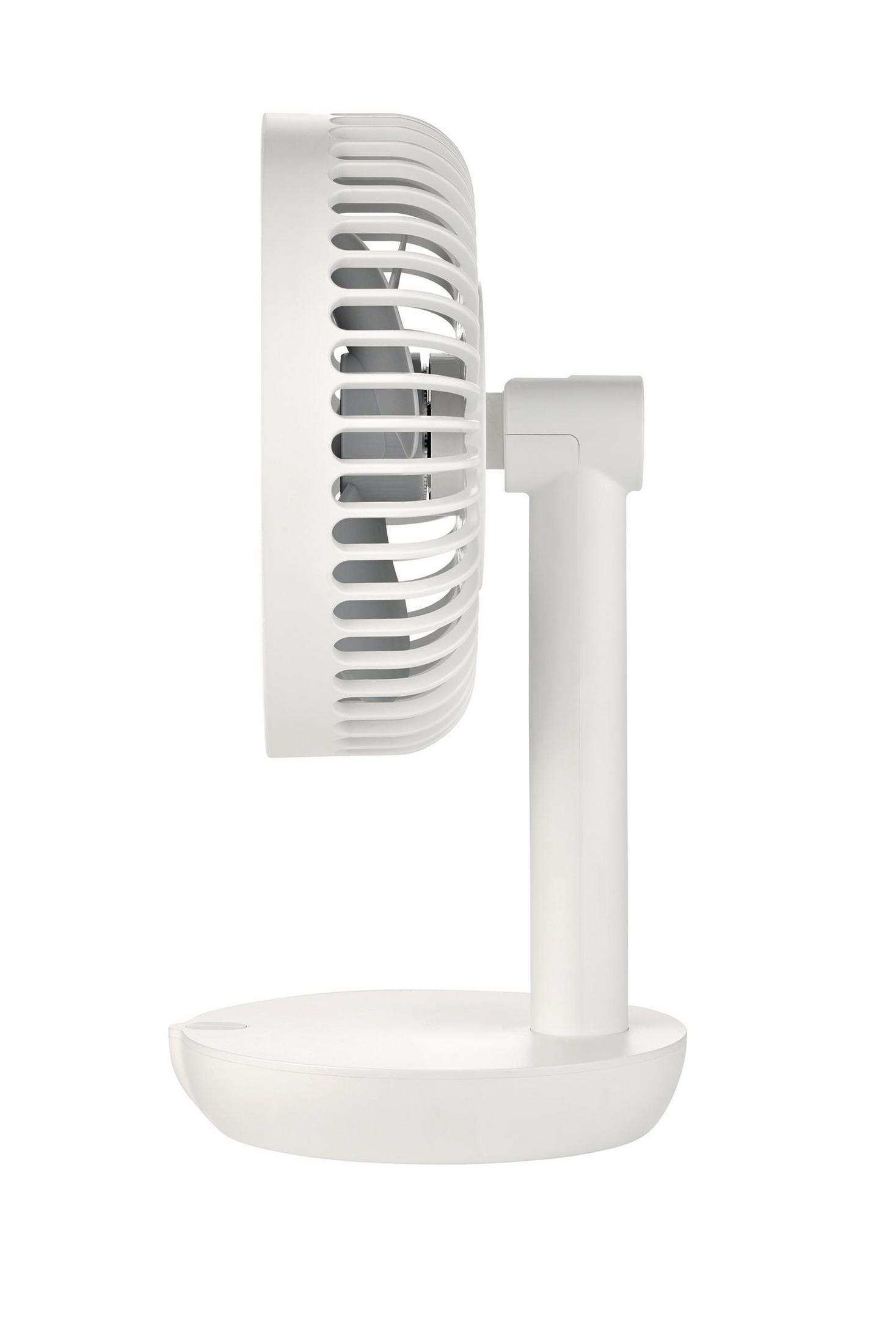 Ein weißer Ventilator, von der Seite gesehen, mit verstellbarem Ständer. Isoliert auf weißem Hintergrund.
