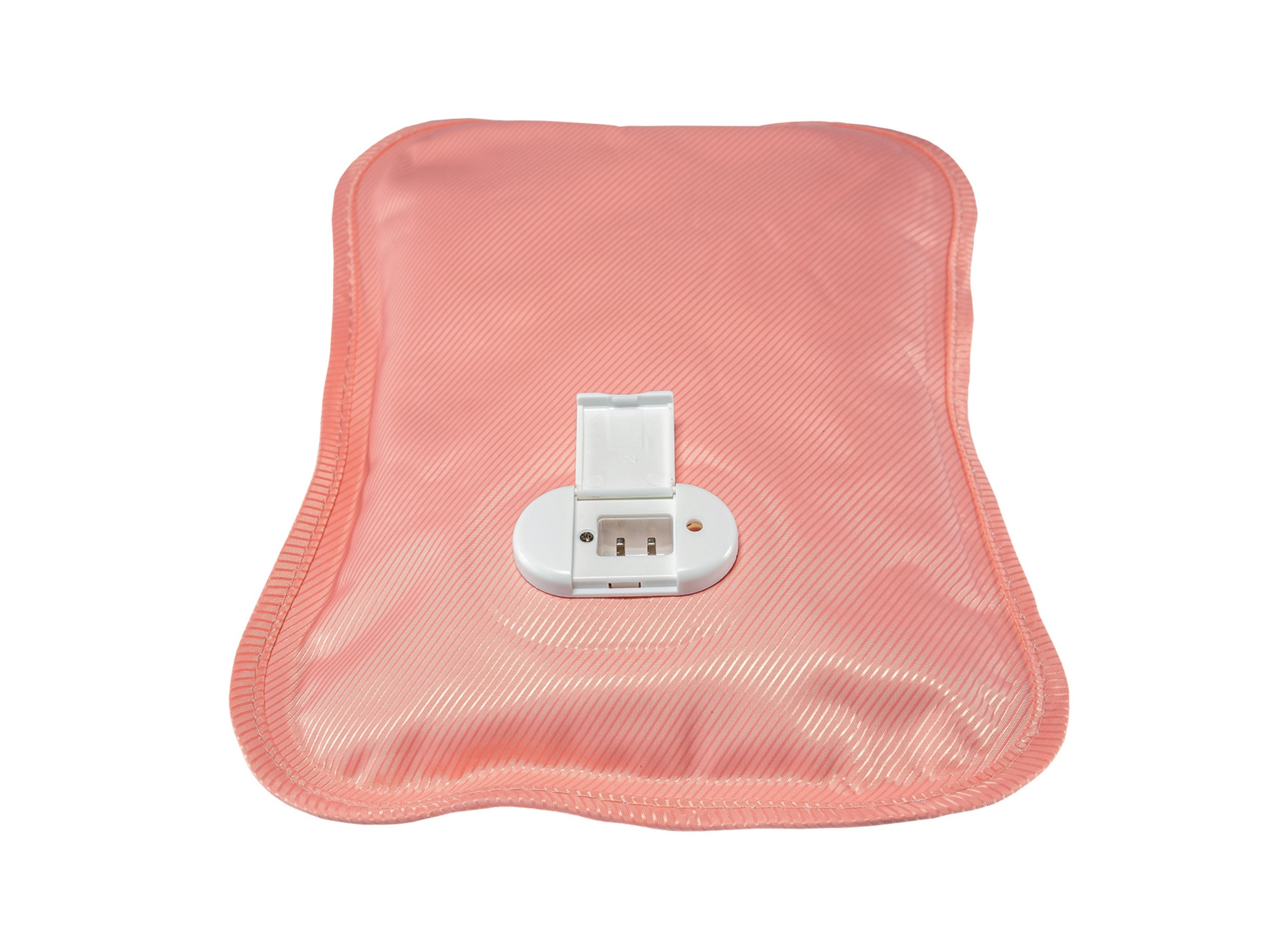 Różowa poduszka grzewcza. Biała, owalna komora baterii. Różowy materiał satynowy z przekątnymi liniami.