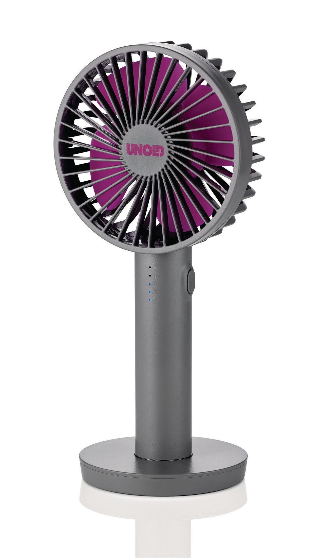 Grauer Unold-Ventilator. Lila Lüfterblätter, grauer Sockel und eine Reihe blauer Kontrollleuchten.