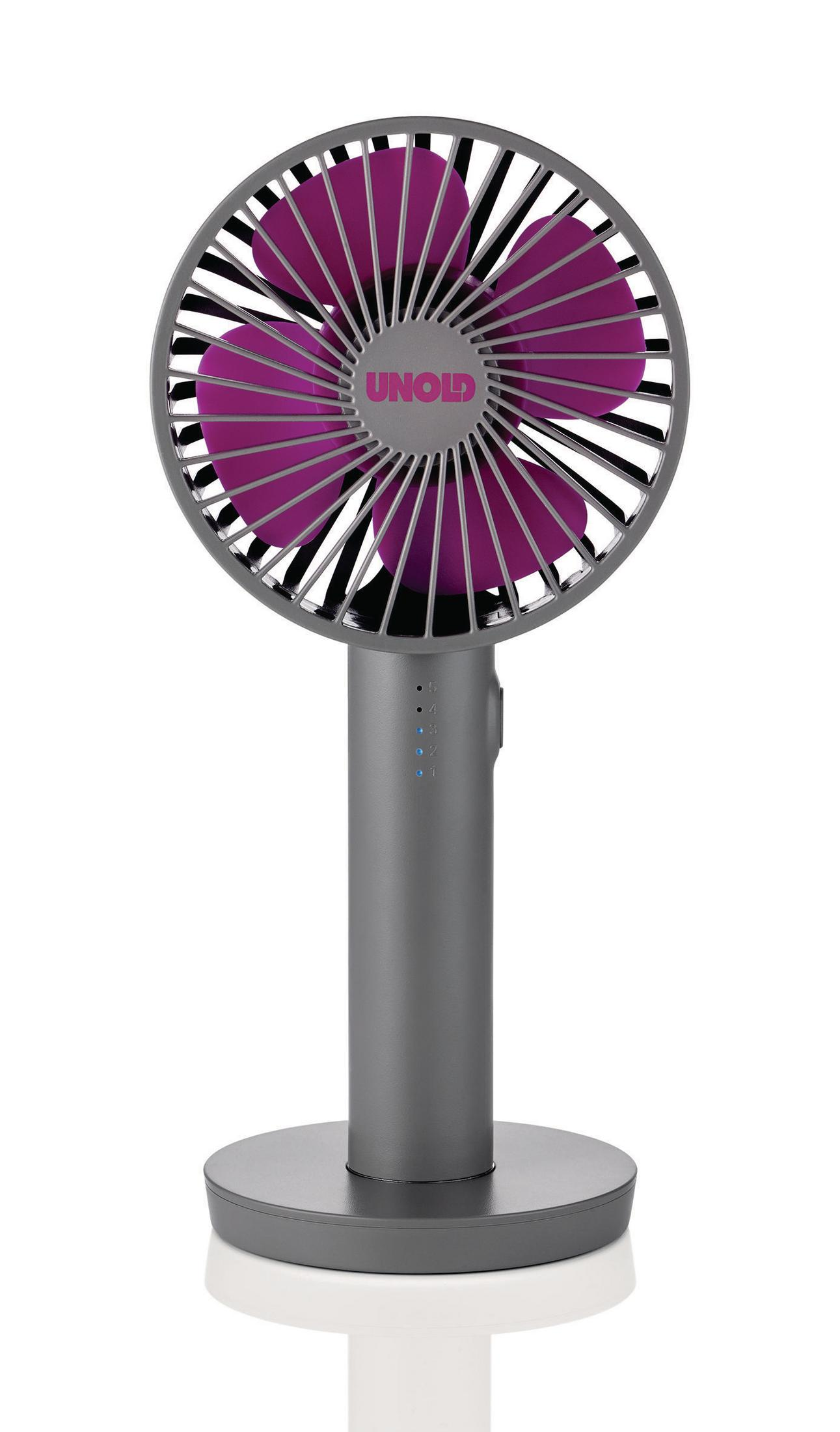 Tragbarer Unold-Ventilator mit lilafarbenen Rotorblättern, grauem Gehäuse und rundem Sockel.