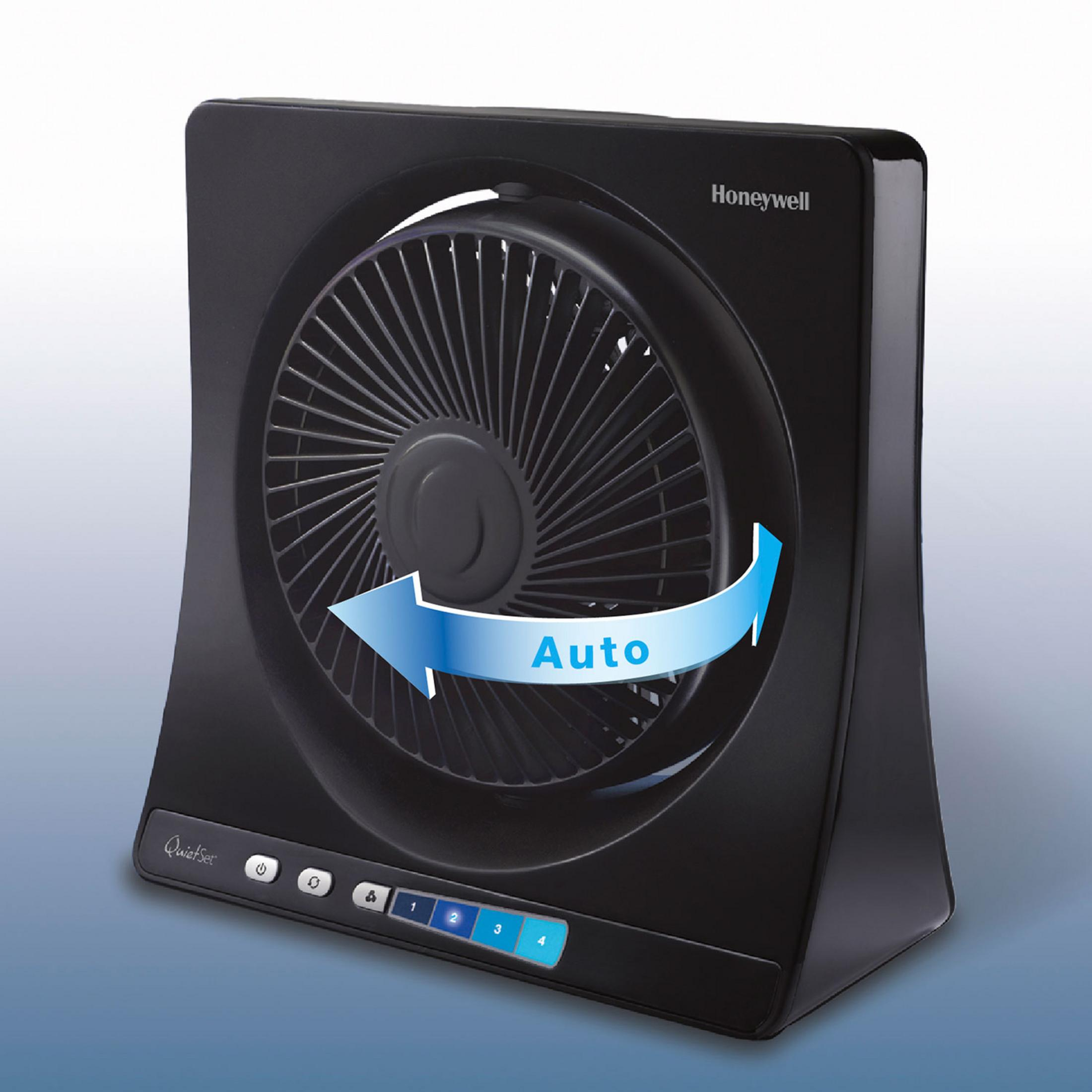Ventilador negro Honeywell con aspa giratoria. La palabra 'Auto' y una flecha indican el ajuste.
