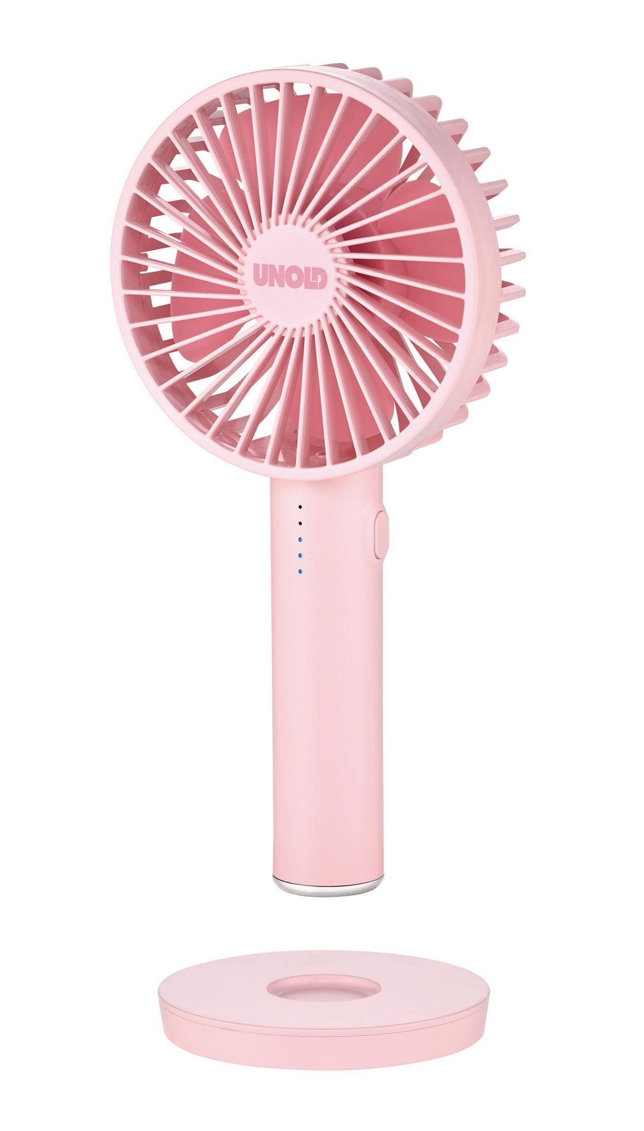 Ventilatore portatile UNOLD rosa. Base e ventola separate. Sfondo bianco.