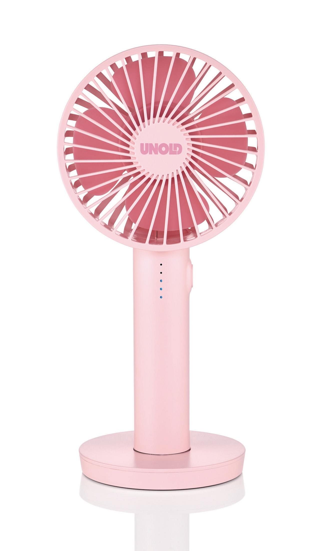 Un ventilatore portatile Unold rosa con testa e base rotonde, su sfondo bianco.