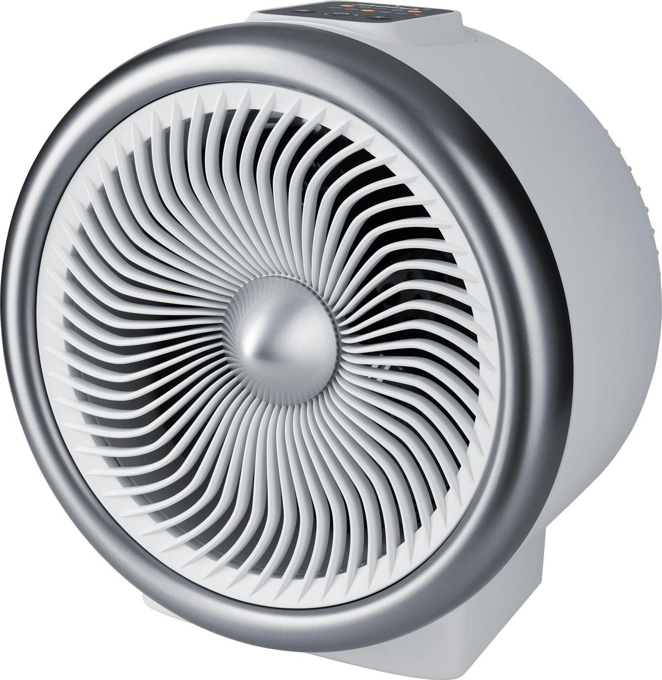 Ventilatore bianco e argento. Il ventilatore ha un bordo argentato e un interno bianco.