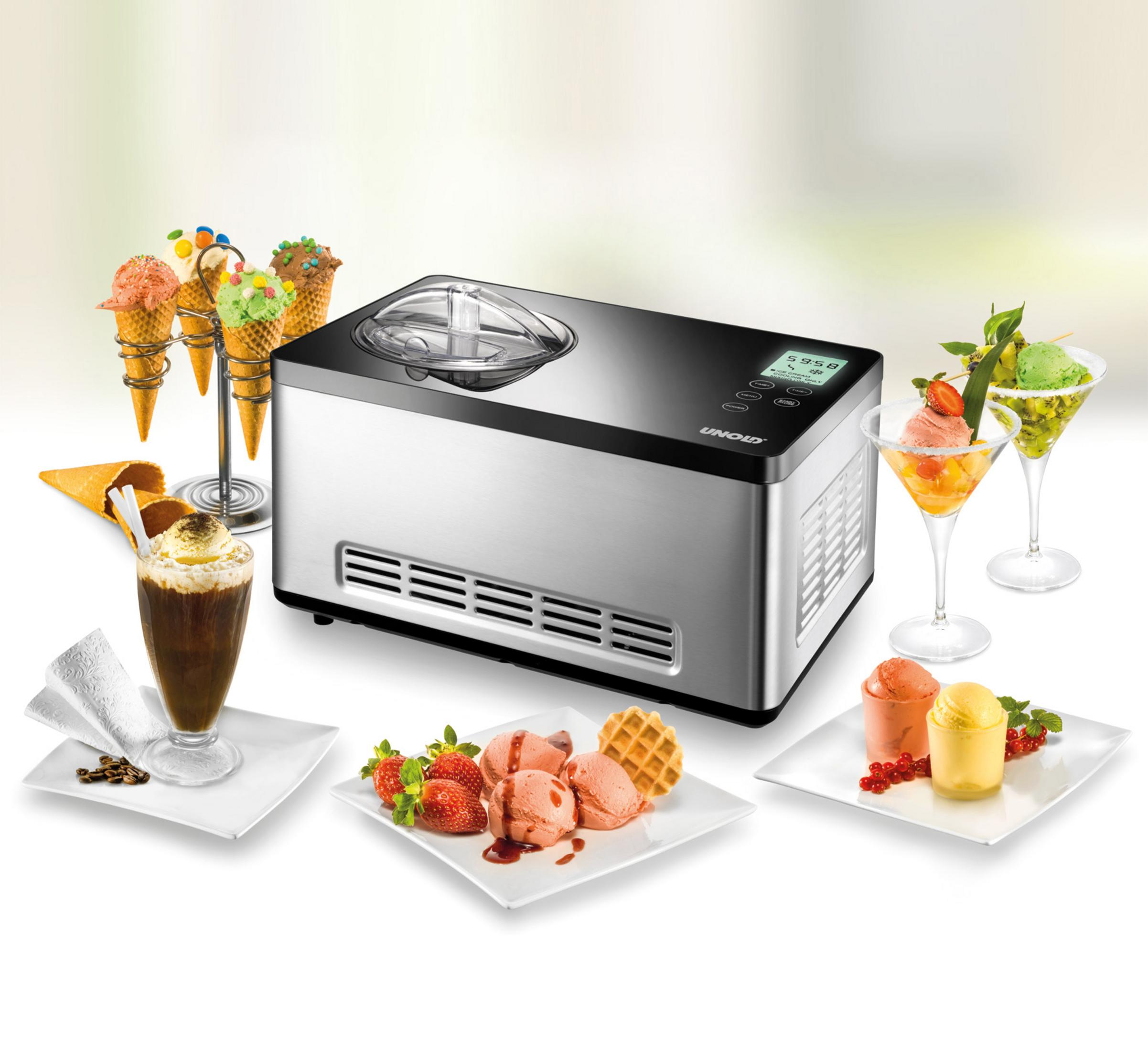 Maszyna do lodów z różnymi prezentacjami lodów i deserów.