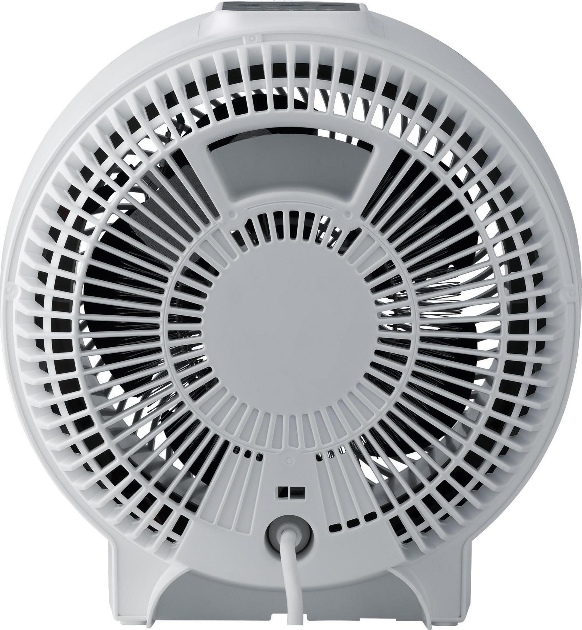 Ventilatore bianco, vista posteriore. Il ventilatore ha una griglia nera, un telaio bianco e un cavo di alimentazione.