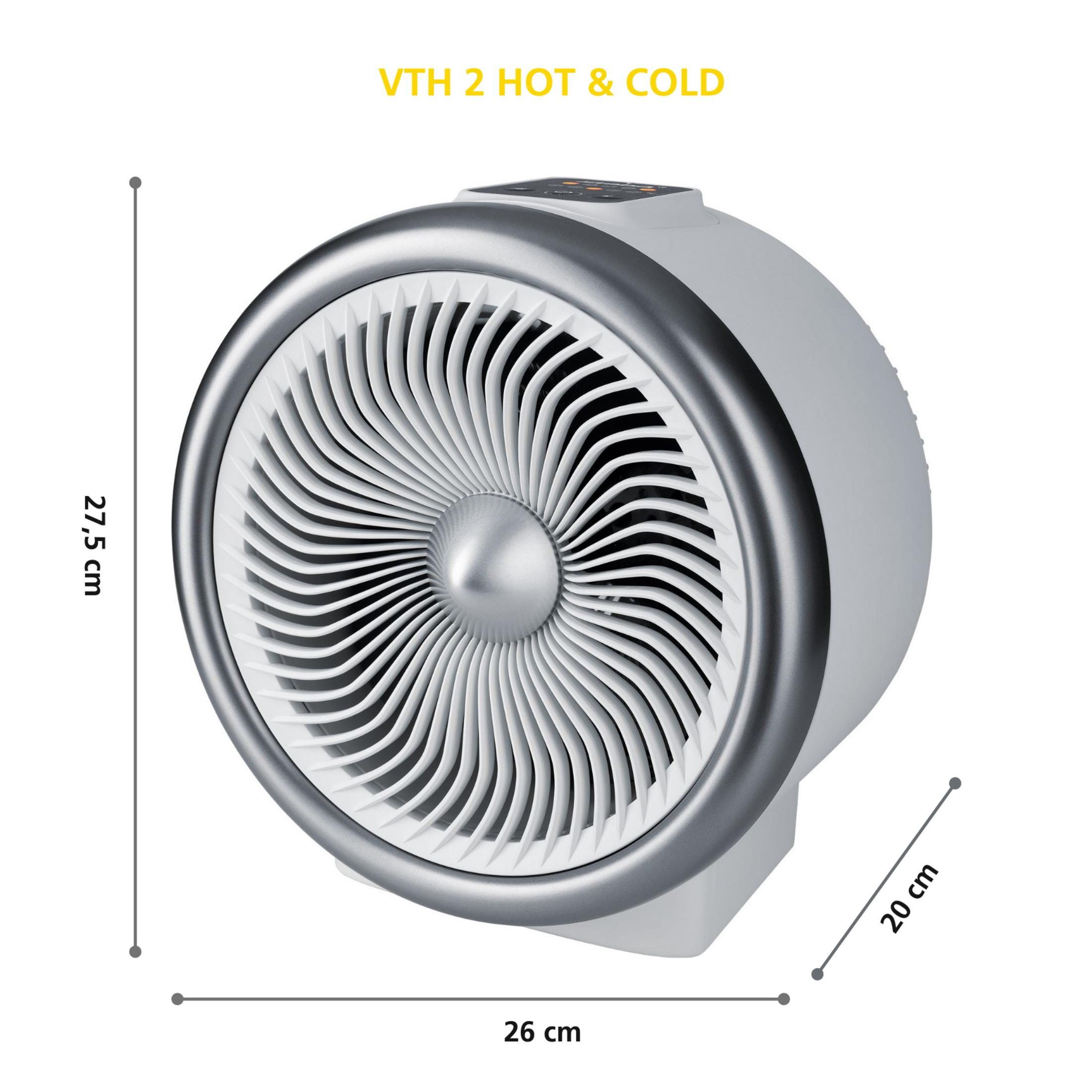 Ventilatore bianco e argento con dimensioni. Bordo argentato, interno bianco, base bianca.