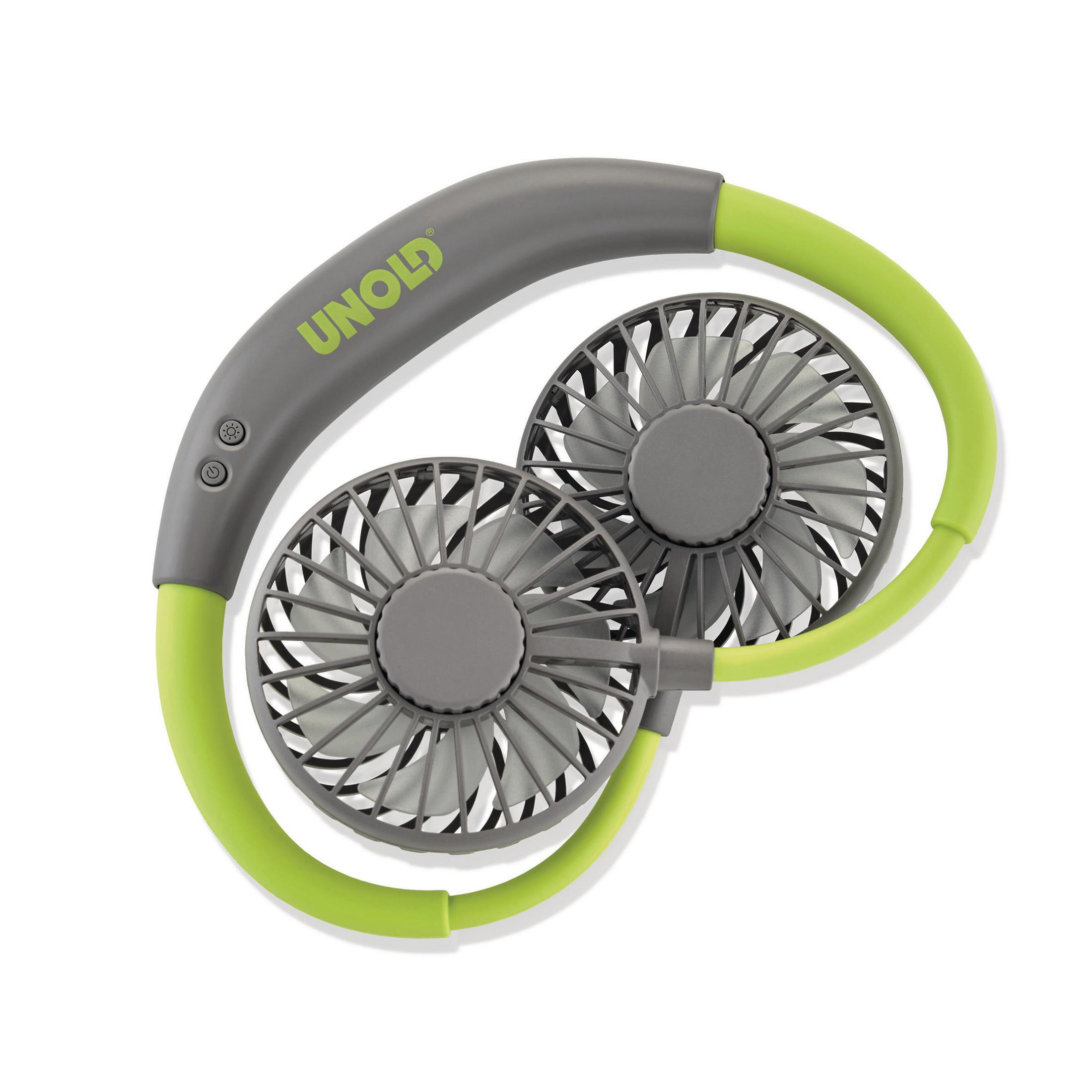 Nackenventilator, grau und grün, mit zwei Lüftern und Knöpfen.