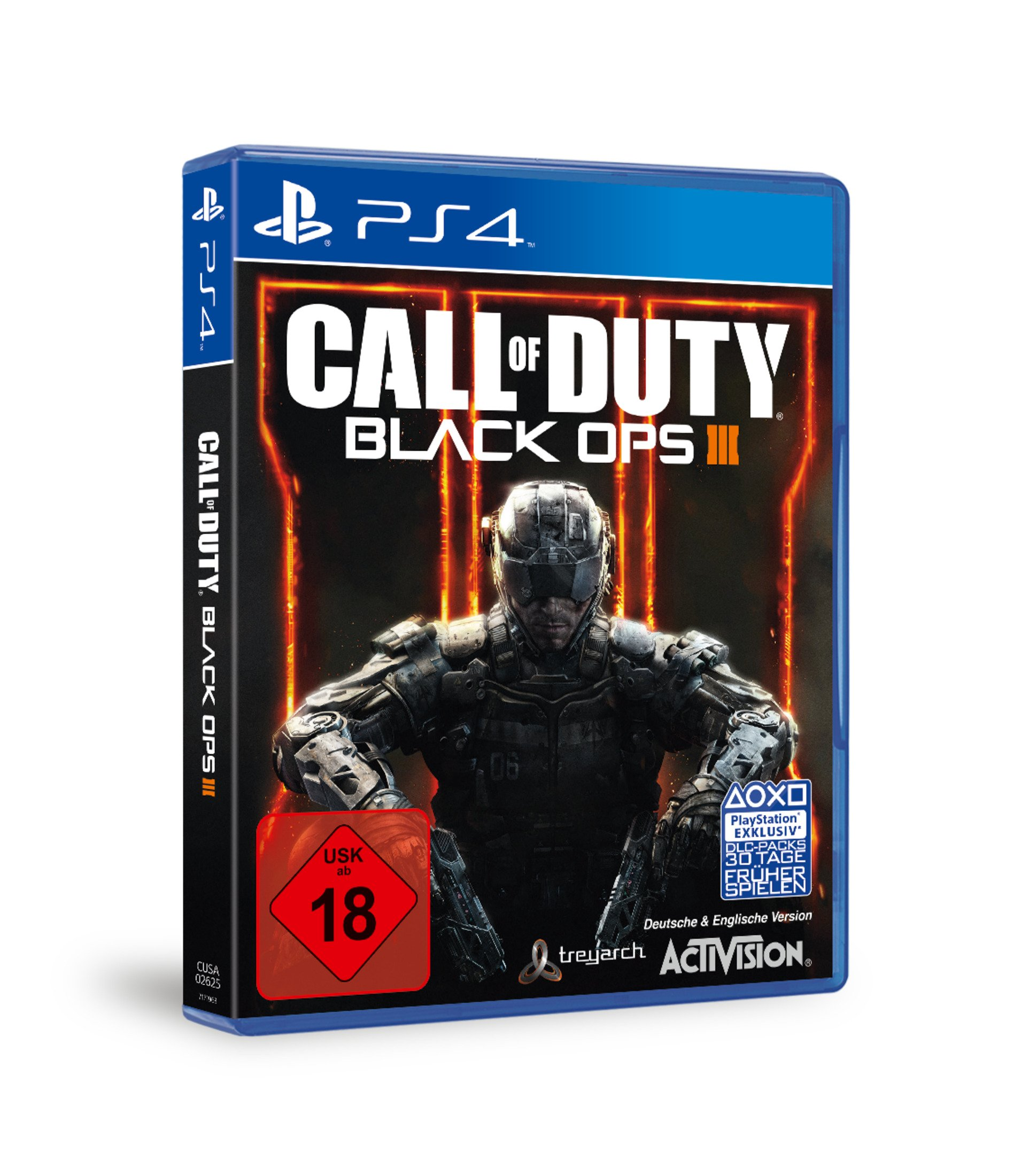Okładka gry Call of Duty: Black Ops III, żołnierz w hełmie, pomarańczowe linie. Logo PS4, USK 18, białe tło.