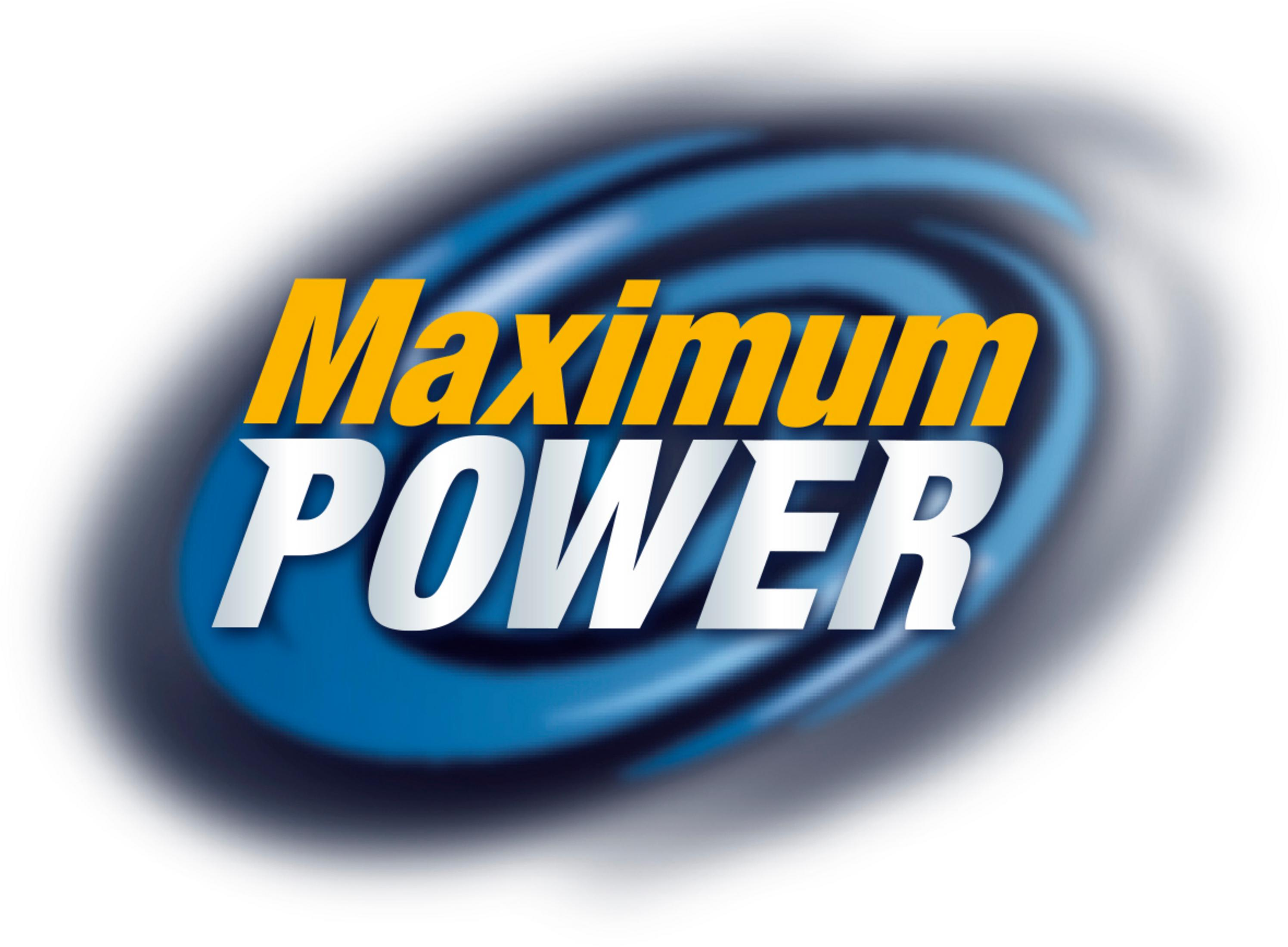 Logo z napisem 'Maximum Power' w kolorze żółtym i białym na niebieskim tle.