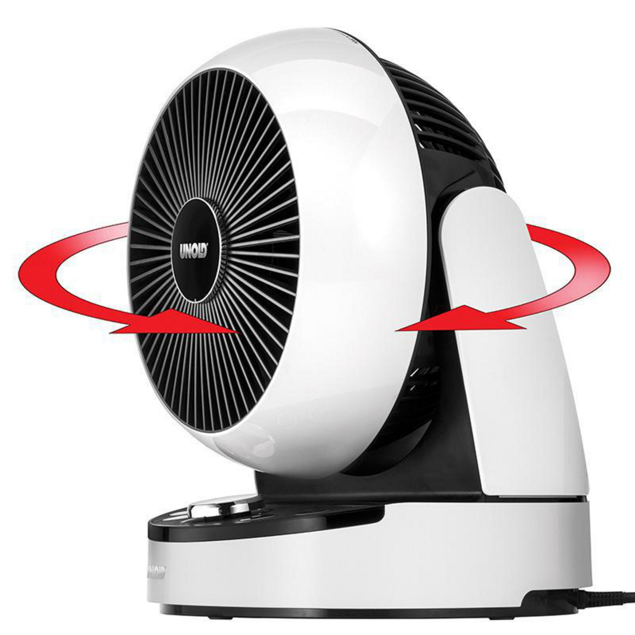 Ventilador UNOLD blanco y negro. Flechas indican el flujo de aire. Malla negra. Base blanca.