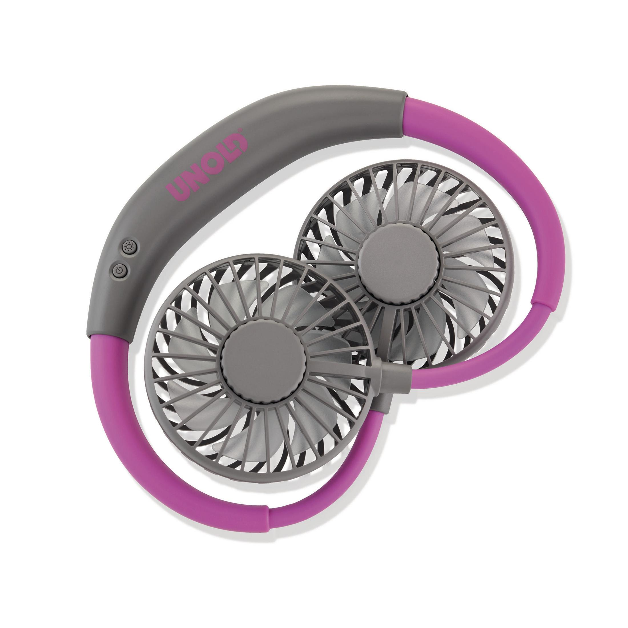 Wentylator na szyję Unold z dwoma wentylatorami, szarym i fioletowym. Jest na białym tle.