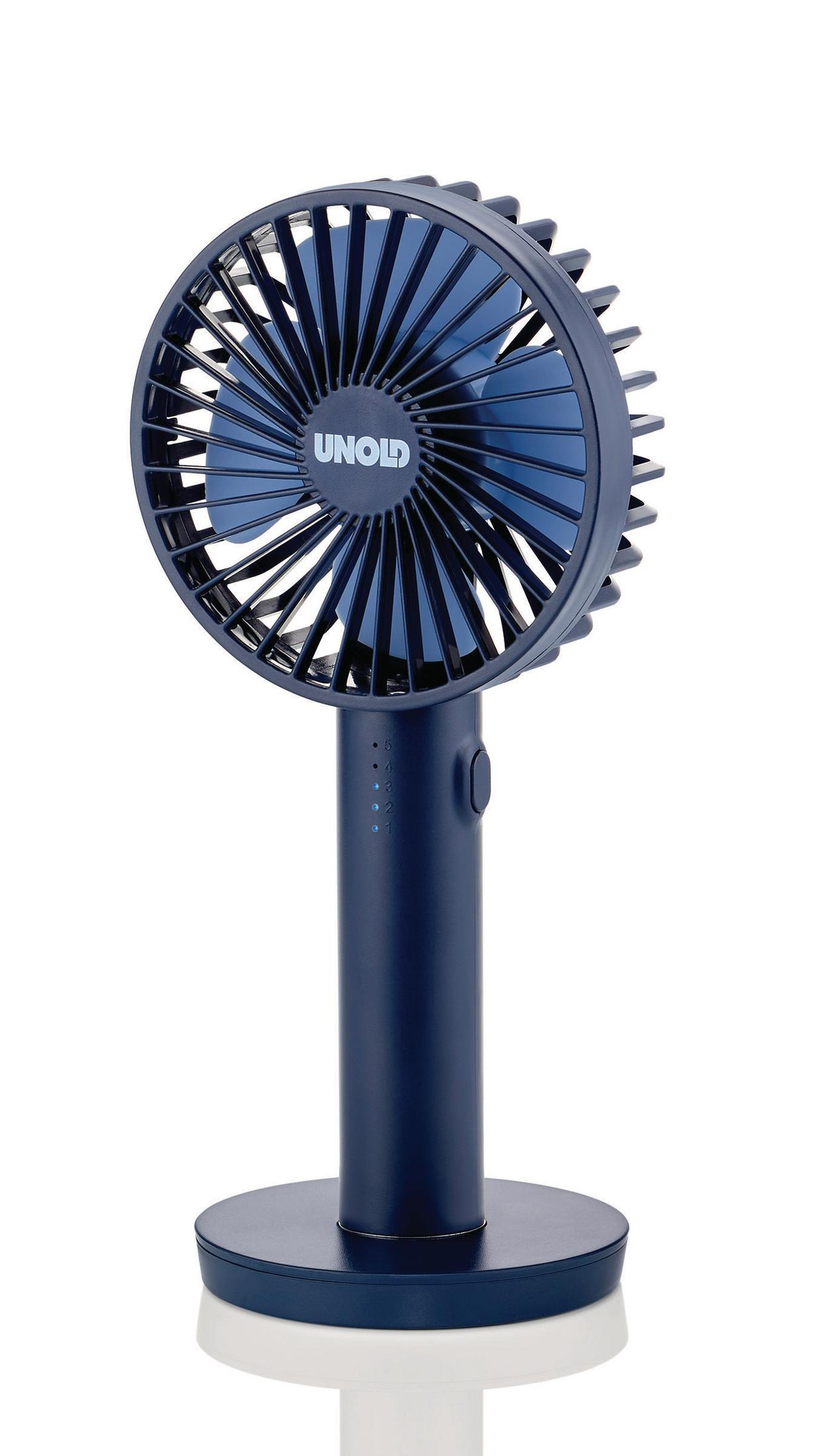 Ein marineblauer tragbarer Unold-Ventilator mit blauen Flügeln. Es steht auf einer weißen Oberfläche. Der Hintergrund ist weiß.