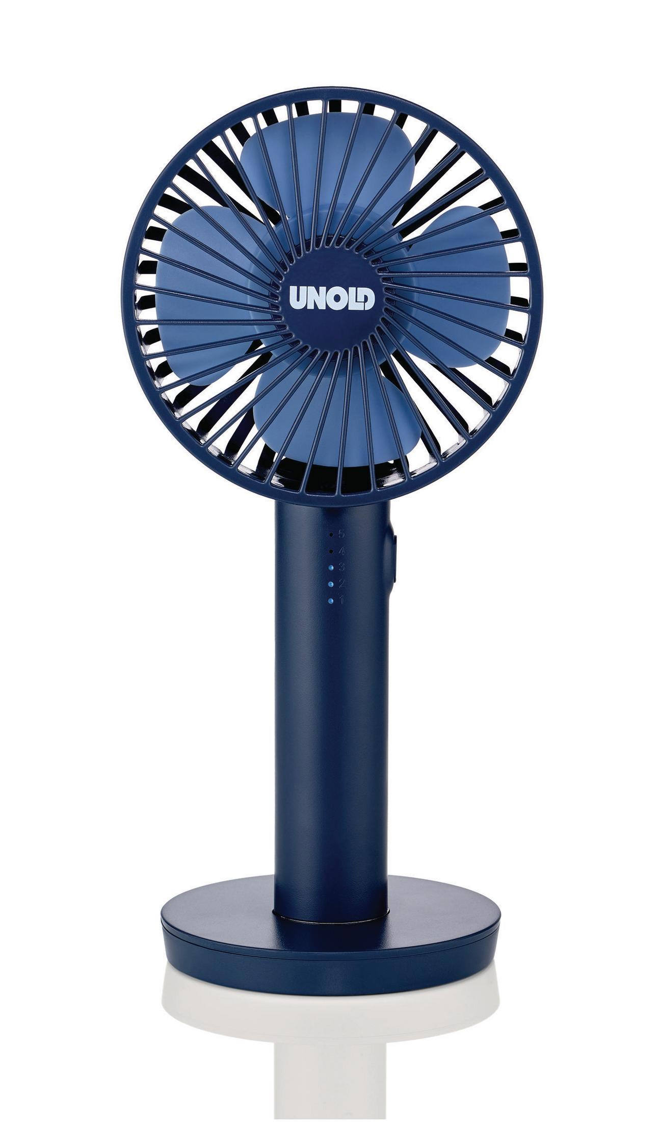 Dunkelblauer tragbarer Ventilator mit drei Flügeln. Er steht auf einem Ständer. Markenname ist Unold.