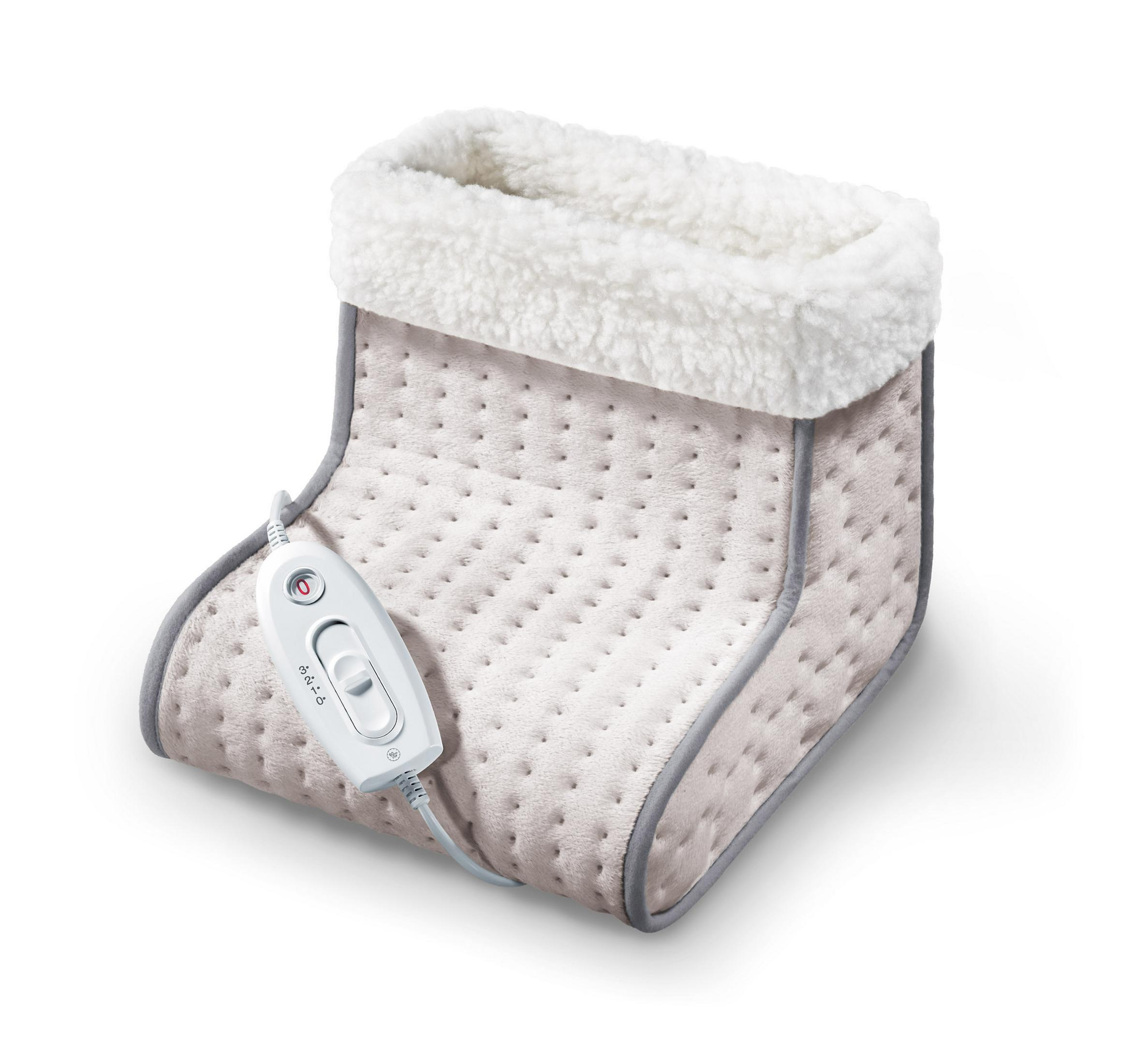Ogrzewacz do stóp z białą, puszystą wyściółką. Posiada panel sterowania. Jasnoszary wygląd.
