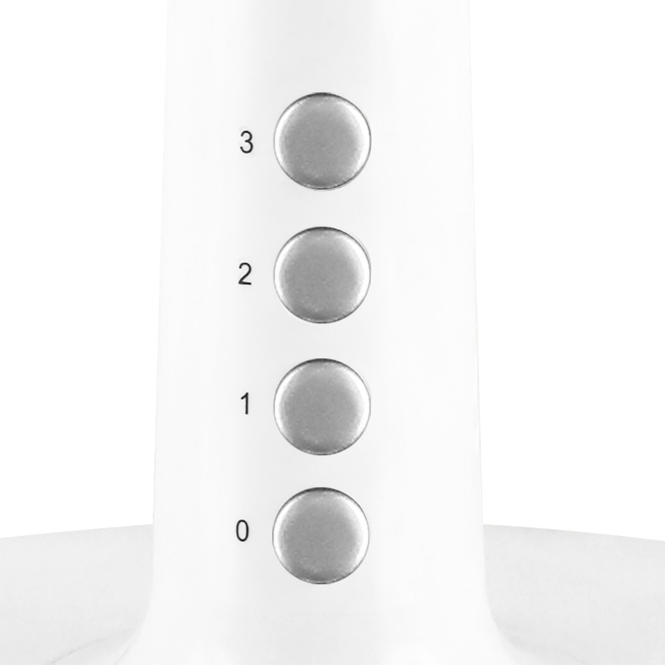 Base ventola bianca con quattro pulsanti grigi etichettati 0, 1, 2 e 3.