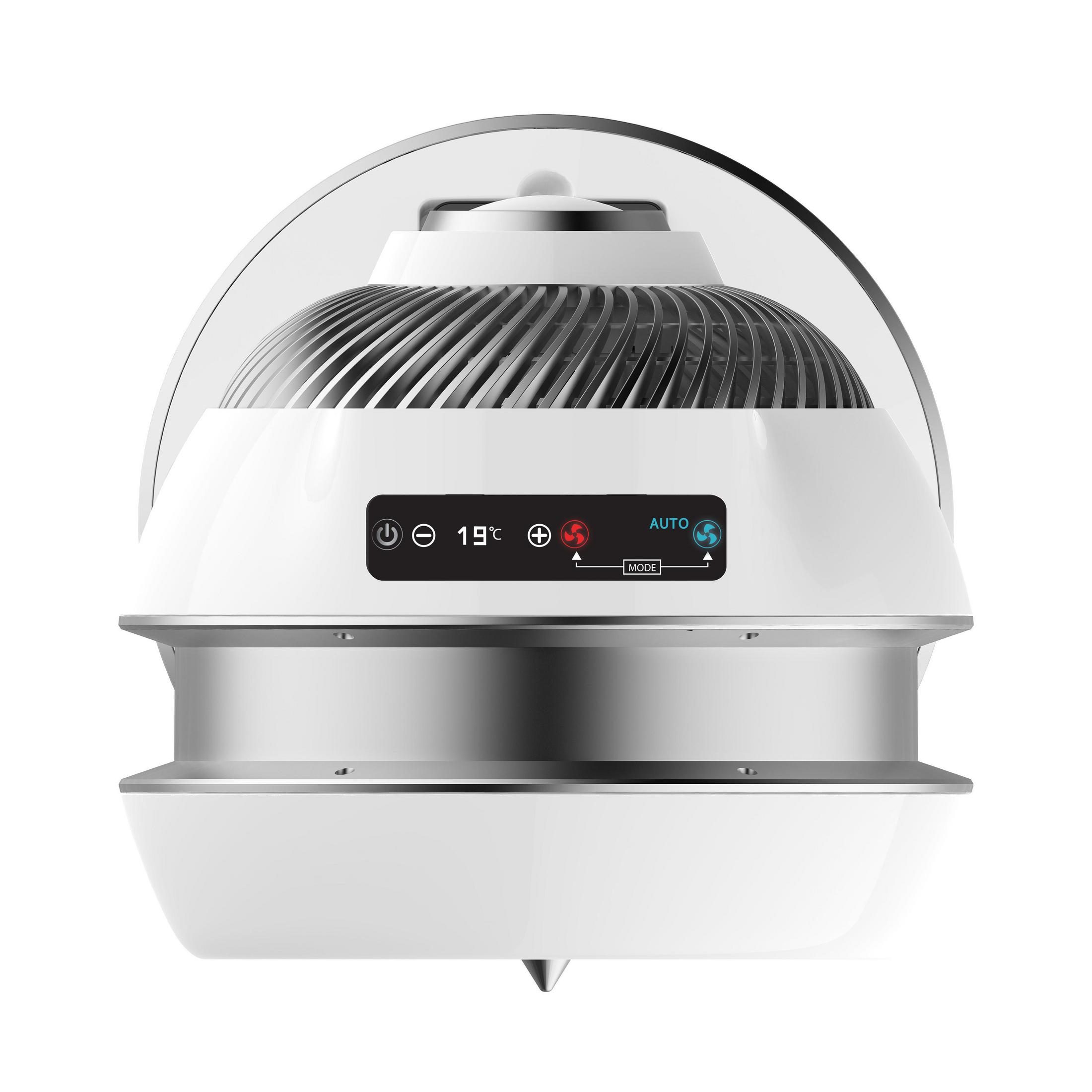Un purificatore d'aria bianco e argento con la parte superiore trasparente. Ha un display digitale.