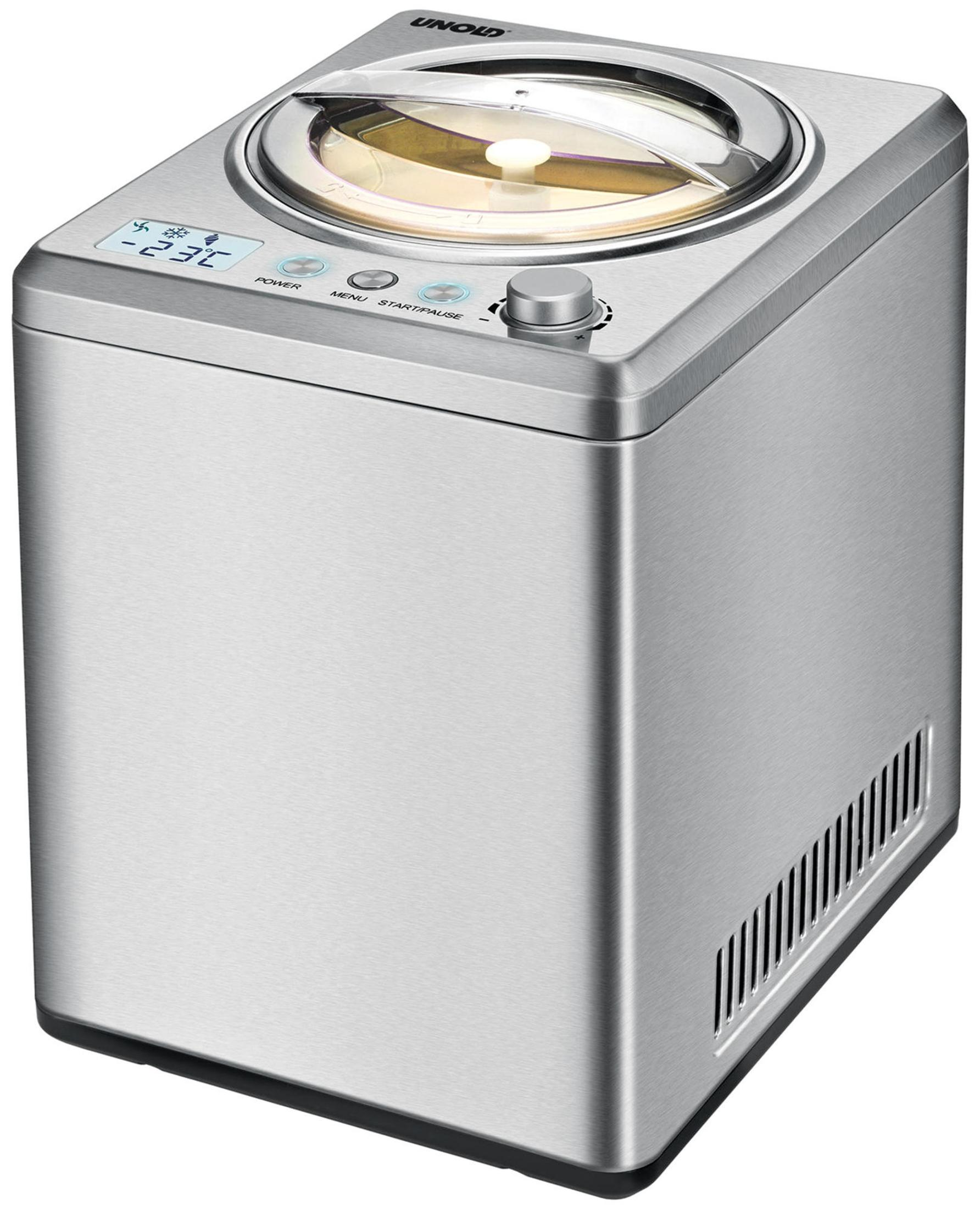 Silberner Eisbereiter mit Digitalanzeige und Bedienelementen.