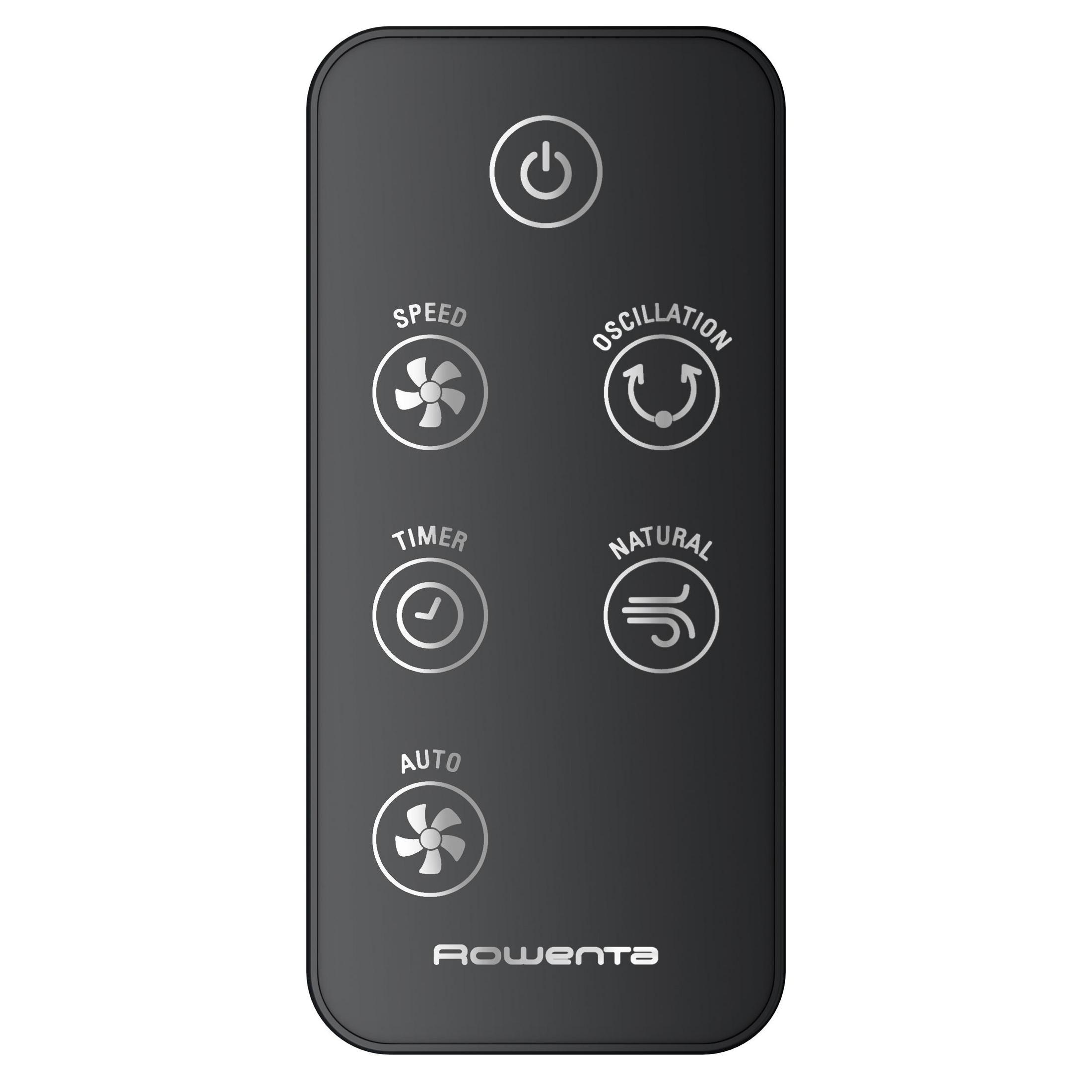 Czarny pilot. Posiada przyciski zasilania, prędkości, timera, oscylacji, naturalnego i automatycznego. Logo Rowenta.