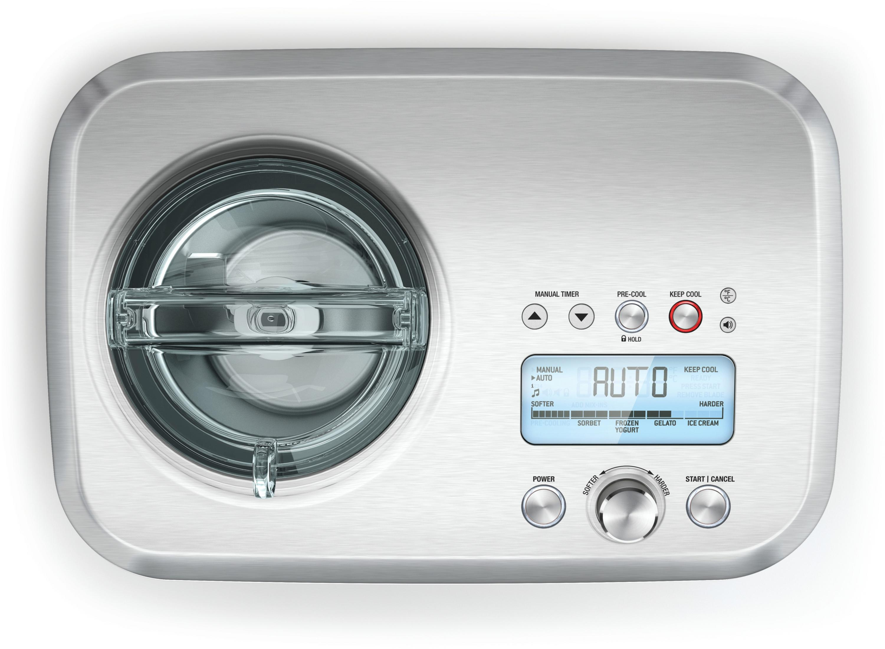 Maszyna do lodów ze stali nierdzewnej z cyfrowym wyświetlaczem i przyciskami.