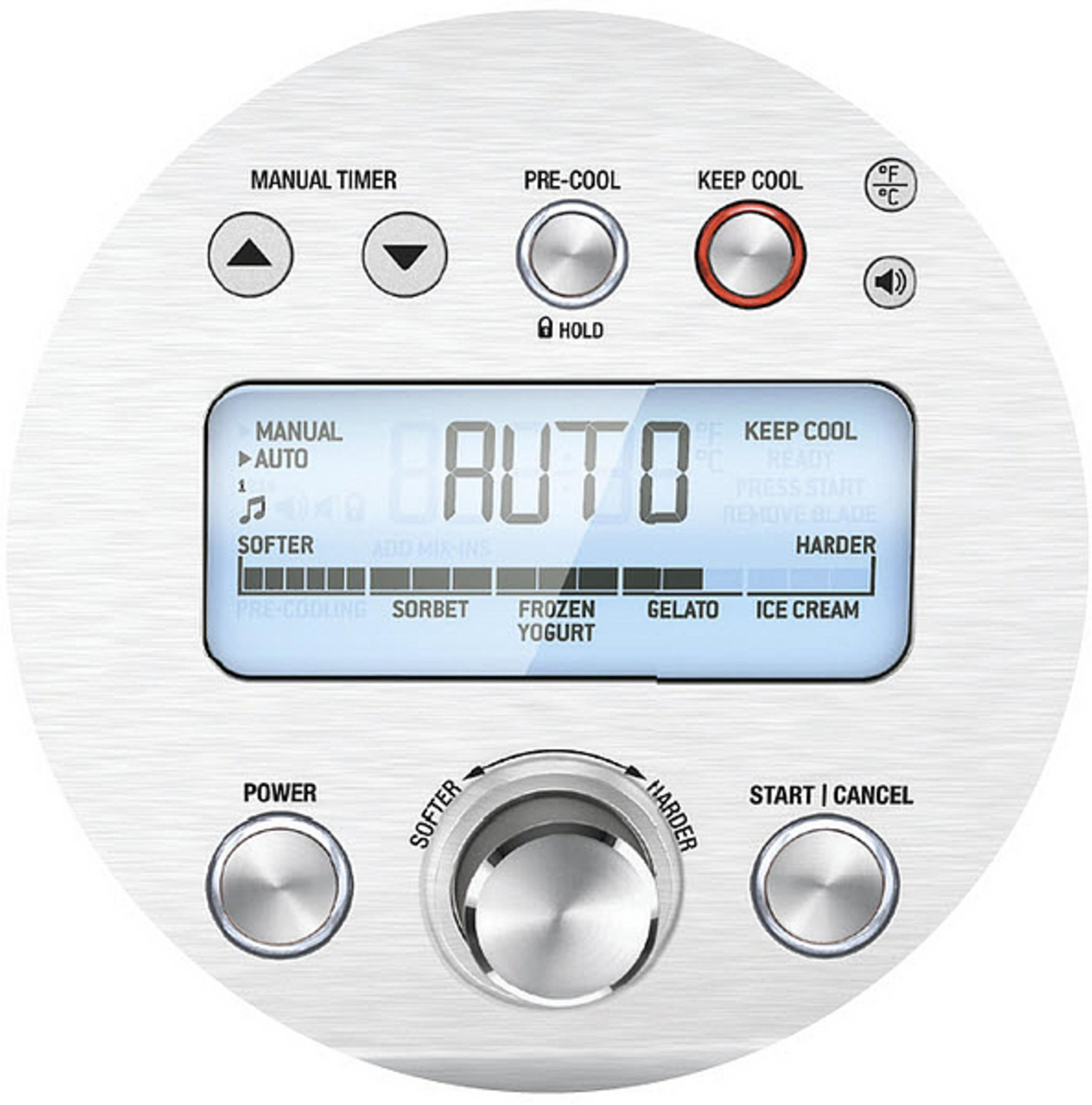 Panel sterowania do maszyny do lodów z różnymi trybami: Auto, Sorbet, Gelato i Lody.