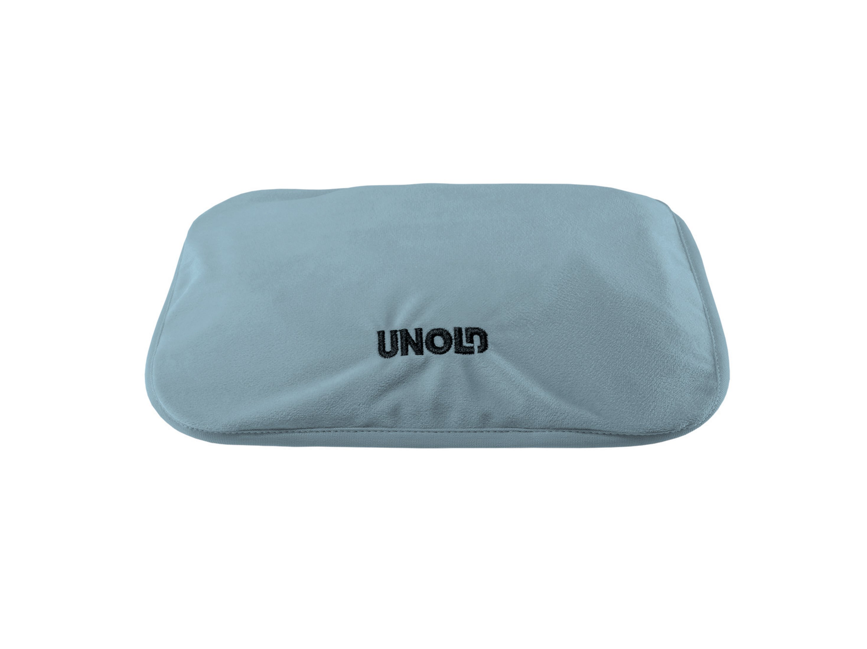 Jasnoniebieska poduszka grzewcza UNOLD, prostokątny kształt. Białe tło.