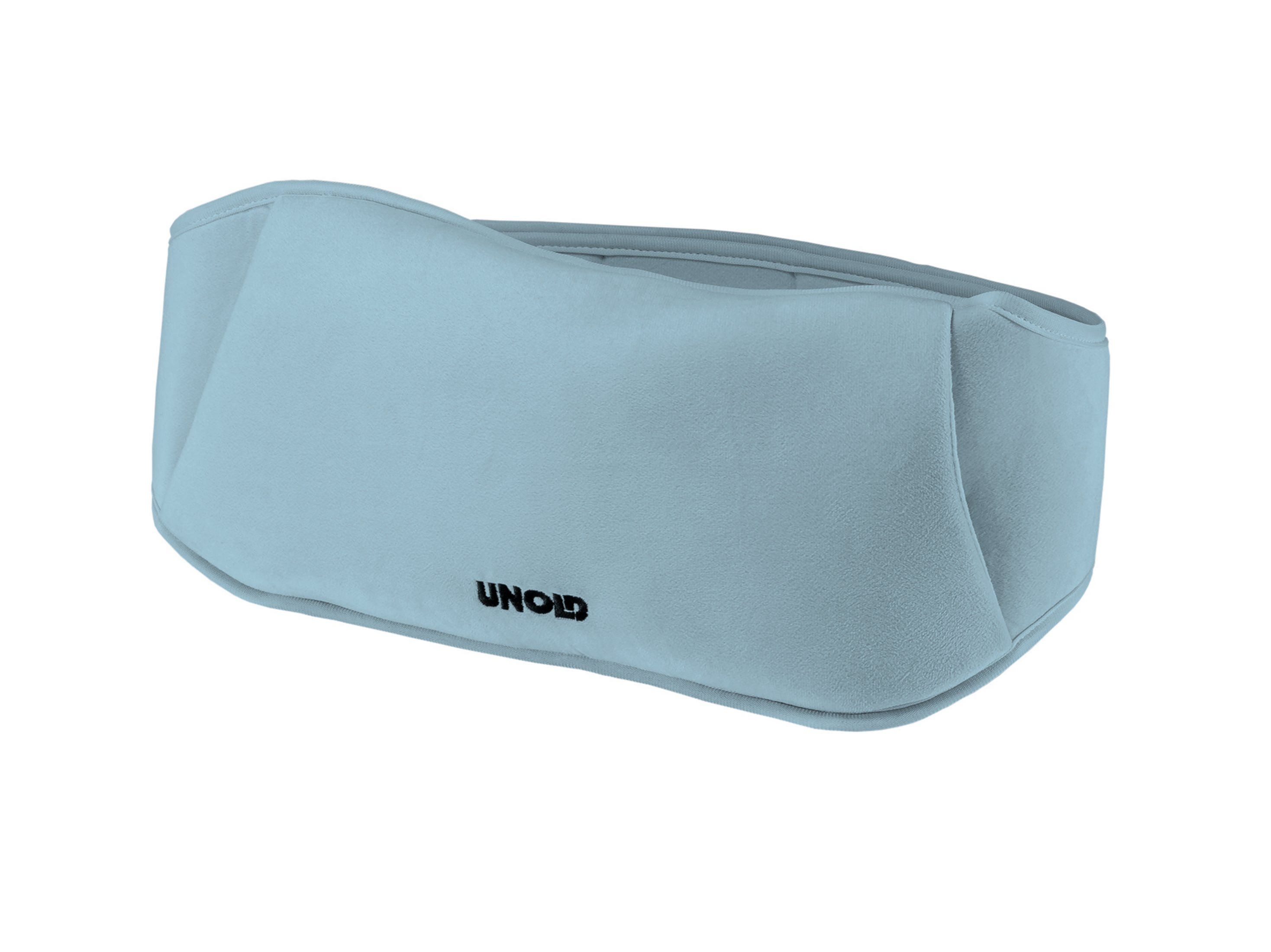 Jasnoniebieski pas do masażu UNOLD. Zakrzywiony kształt, czarne logo UNOLD.