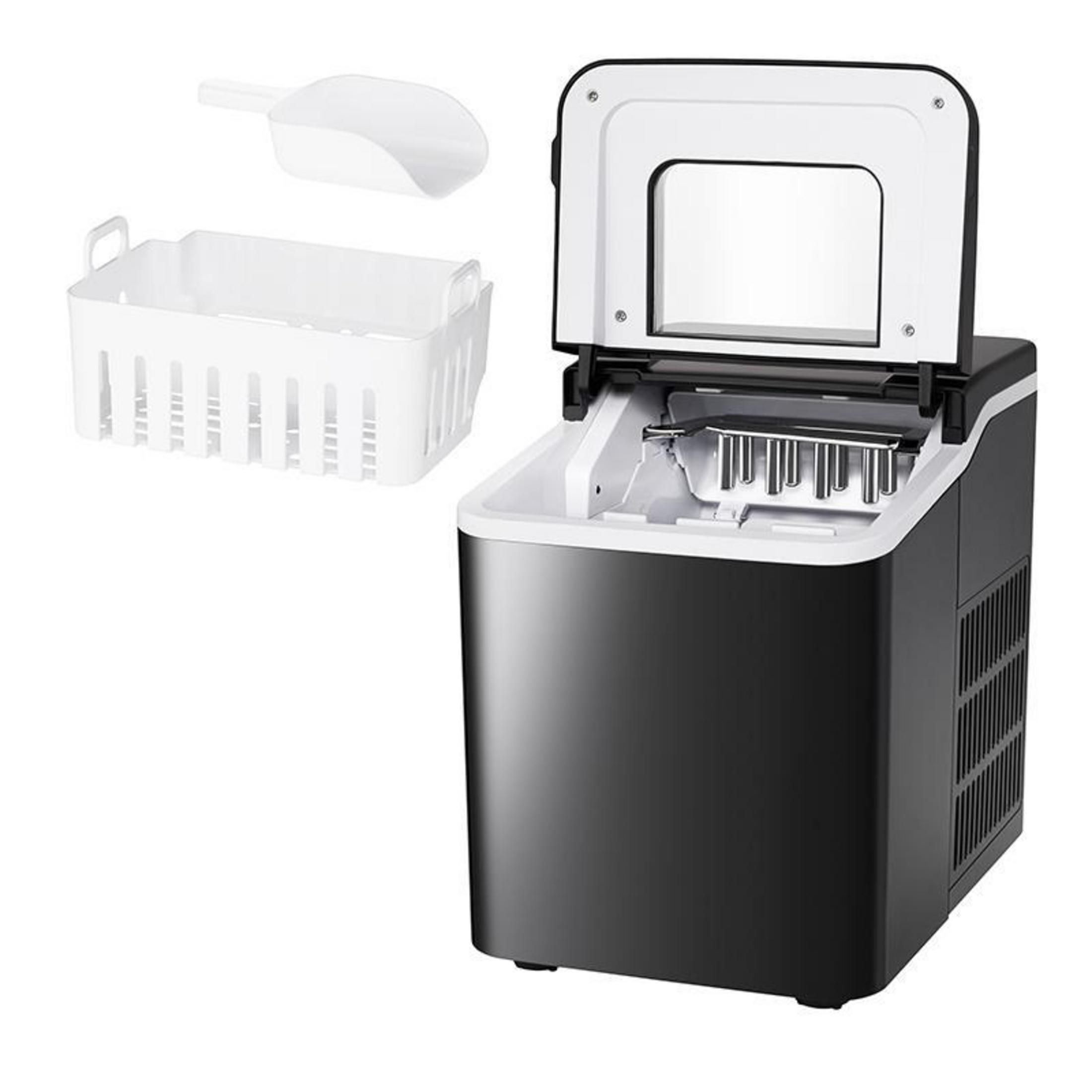 Czarno-biała kostkarka do lodu z koszem, szufelką i otwartą pokrywą.