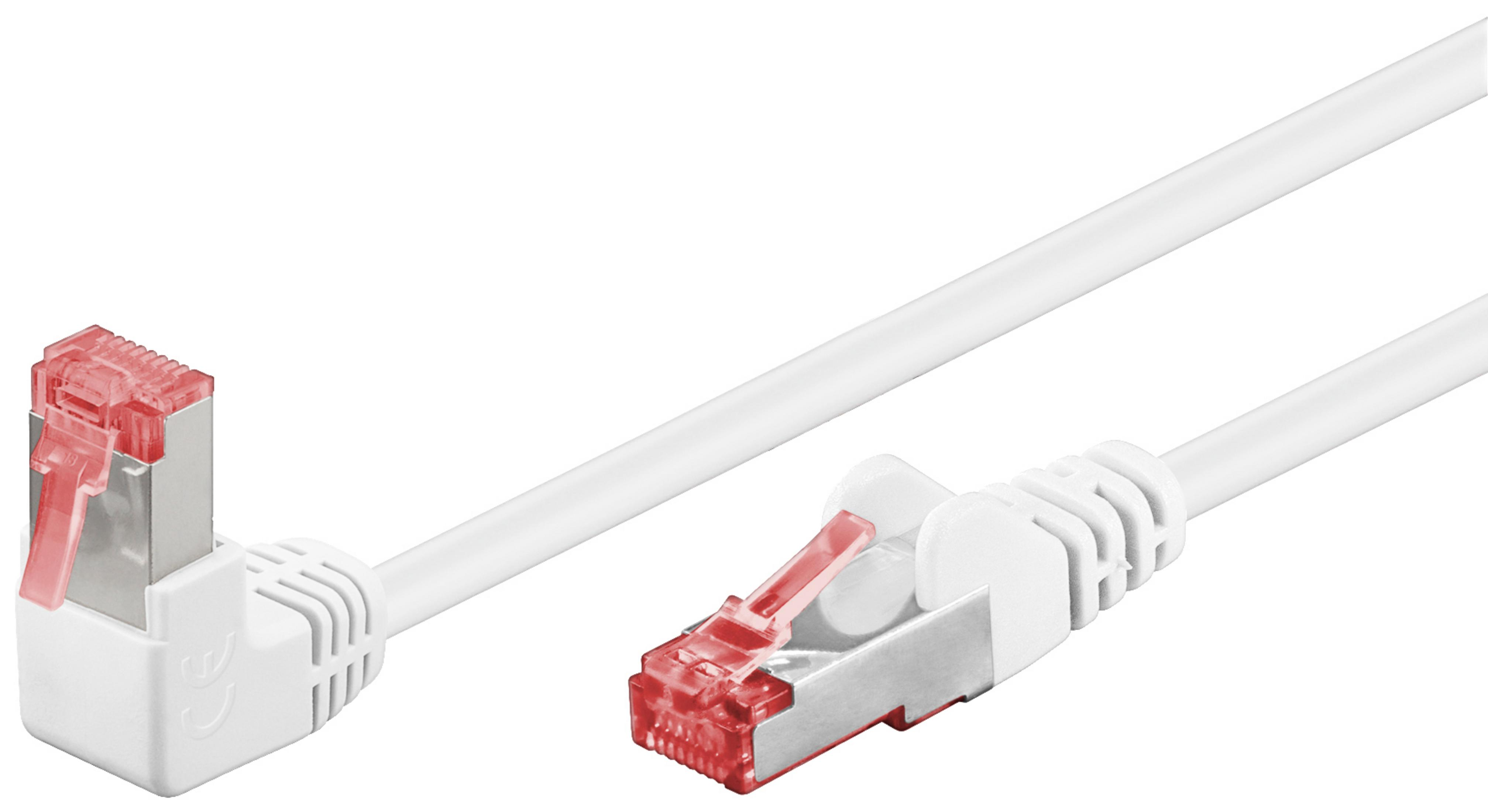 Biały kabel Ethernet z czerwonymi końcami. Złącza znajdują się na końcach.