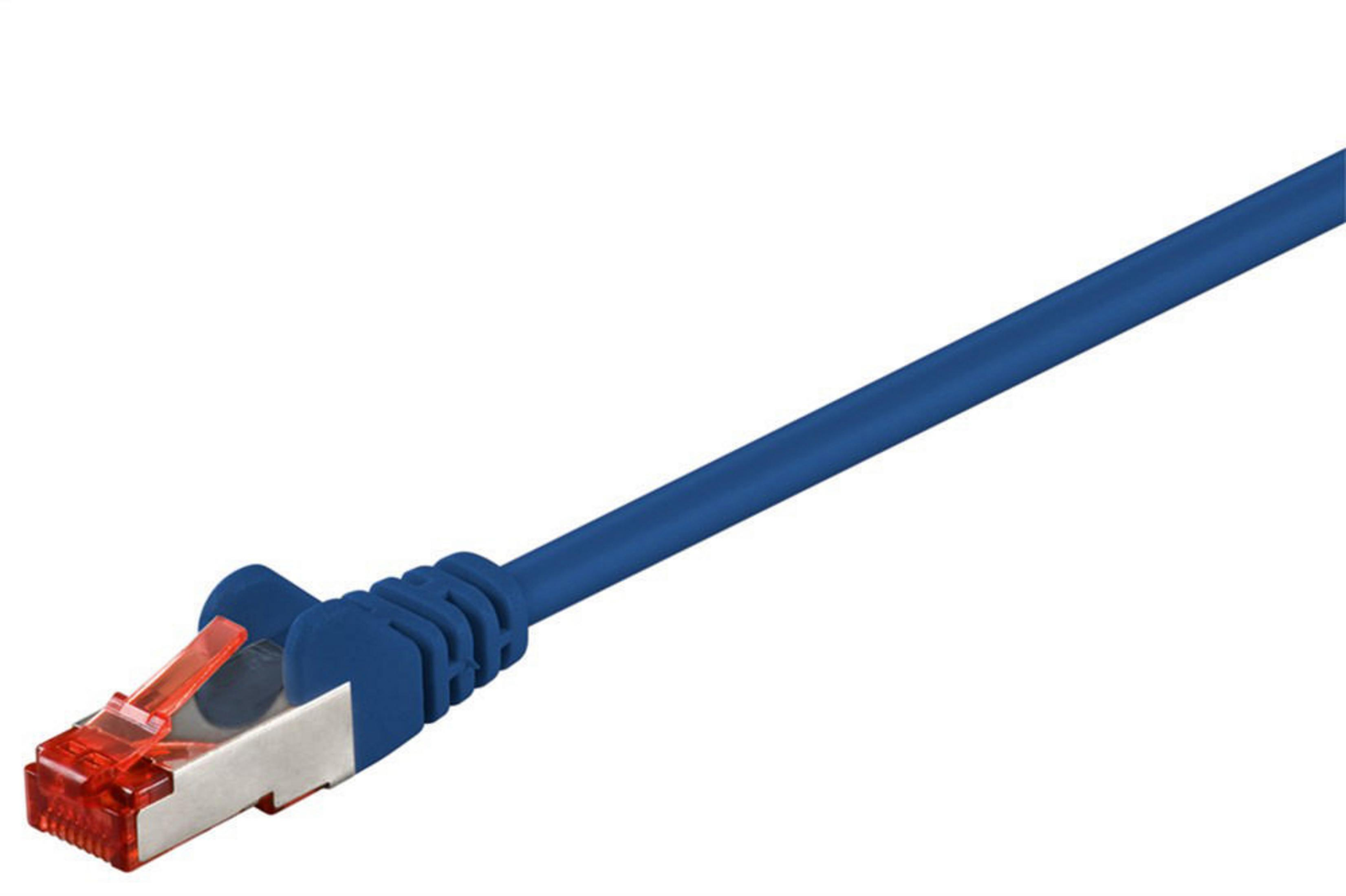 Een blauwe netwerkkabel met een rode connector. De kabel is recht en heeft een effen kleur.