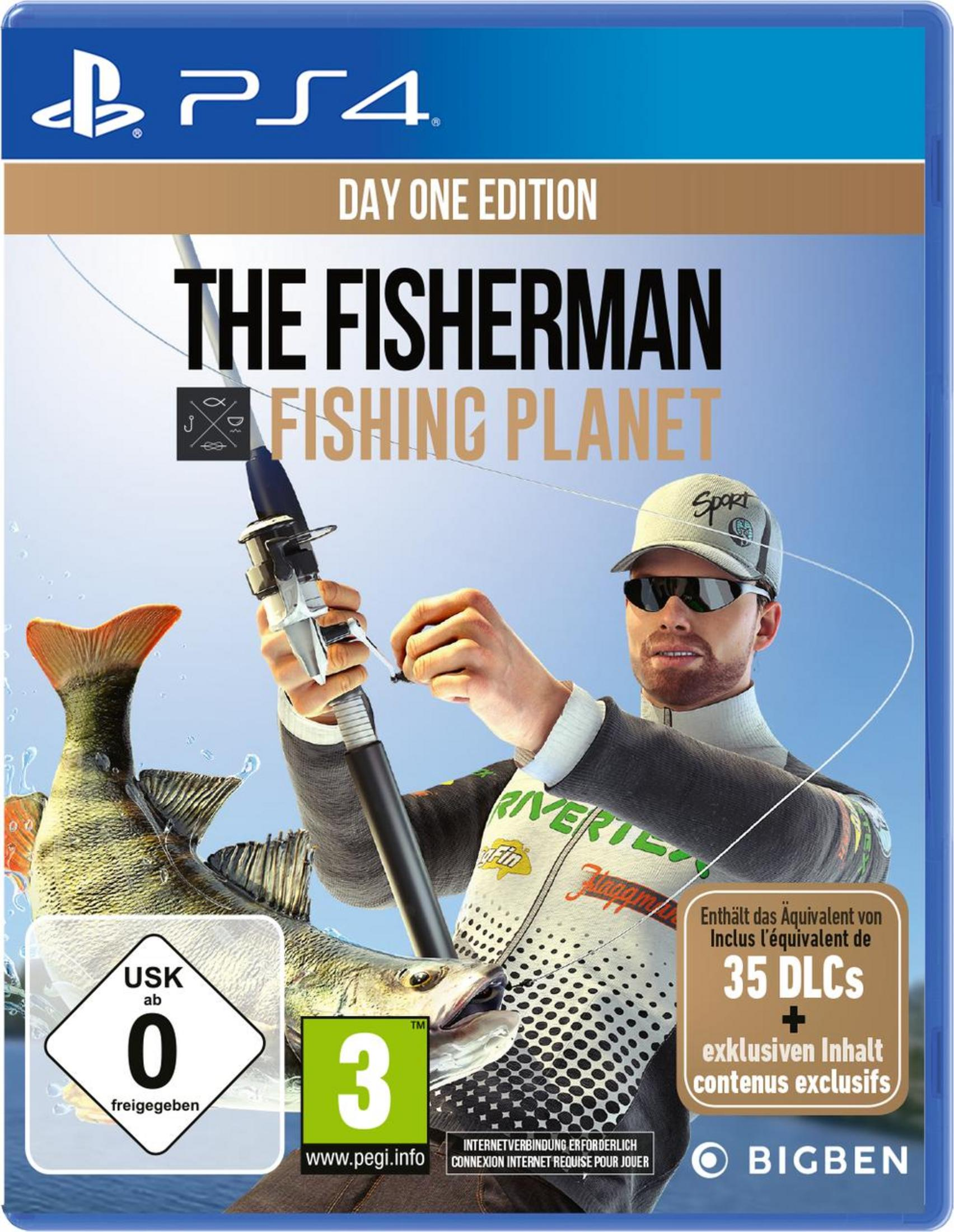 Scatola del gioco 'The Fisherman Fishing Planet'. Uomo con canna, pesce e dettagli.
