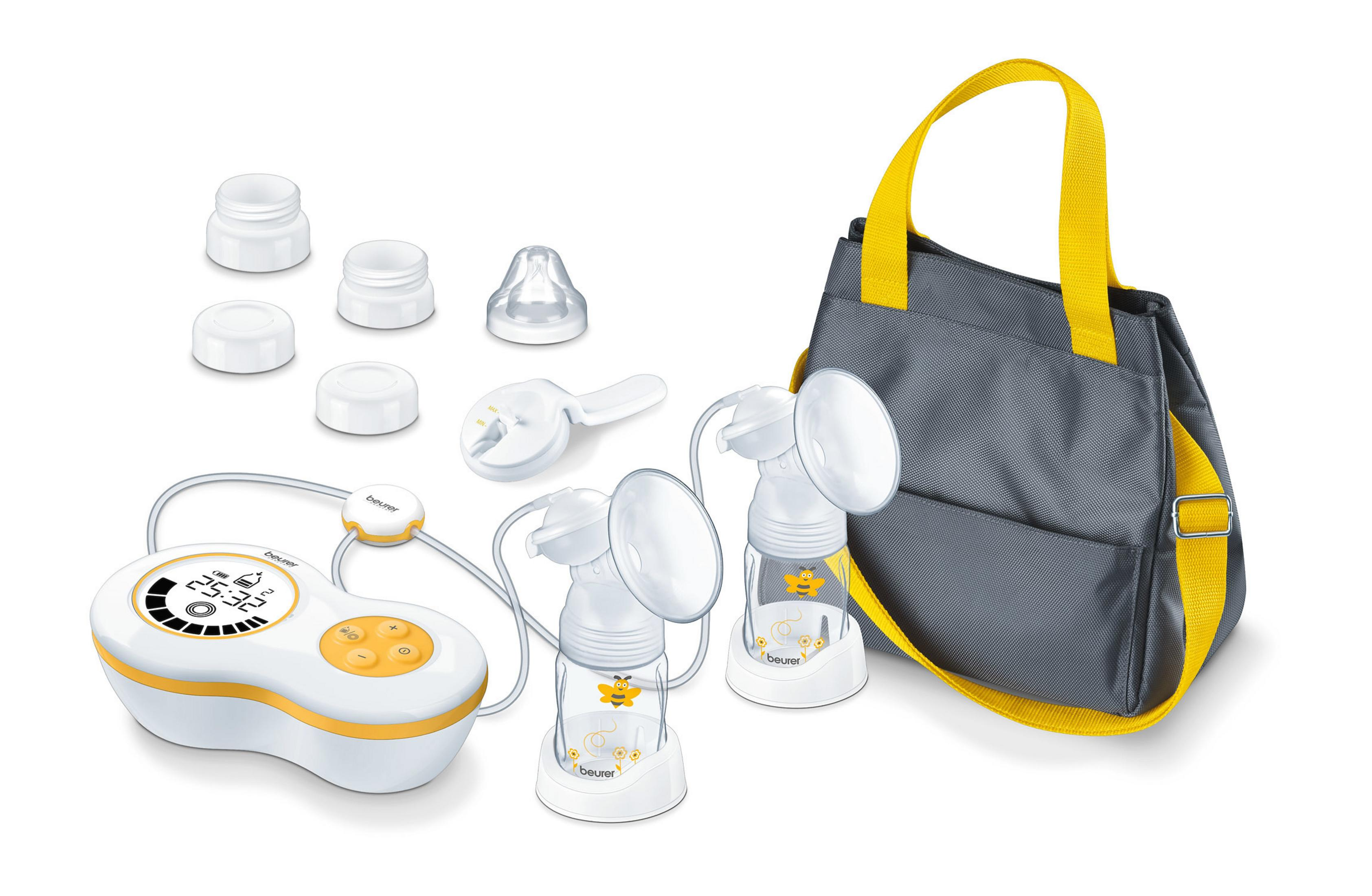 Juego de sacaleches con piezas: bomba, biberones, accesorios y una bolsa con asa amarilla.