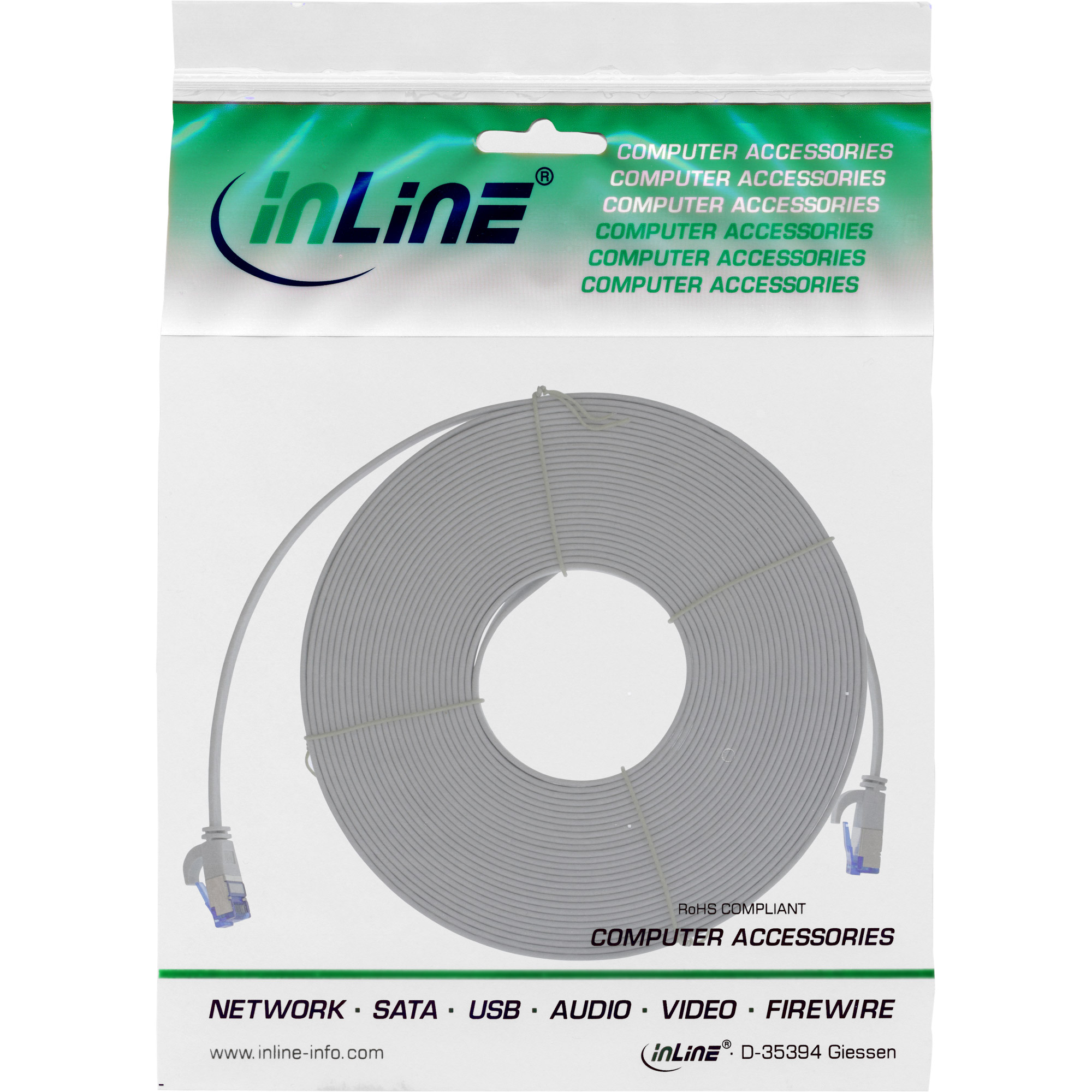 INLINE InLine® Patchkabel 15 halogenfrei, grau, flach, TPE 15m, U/FTP, Cat.6A, Patchkabel, m