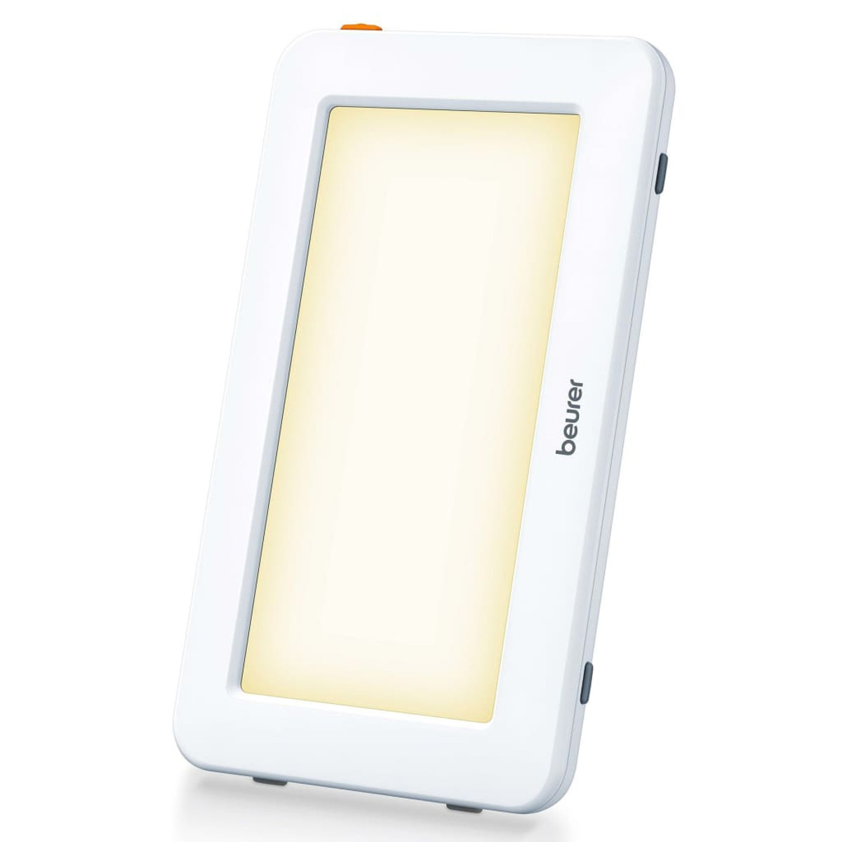 Weiße Lichttherapielampe. Rechteckige Form mit hellem, gelb-weißem Licht.