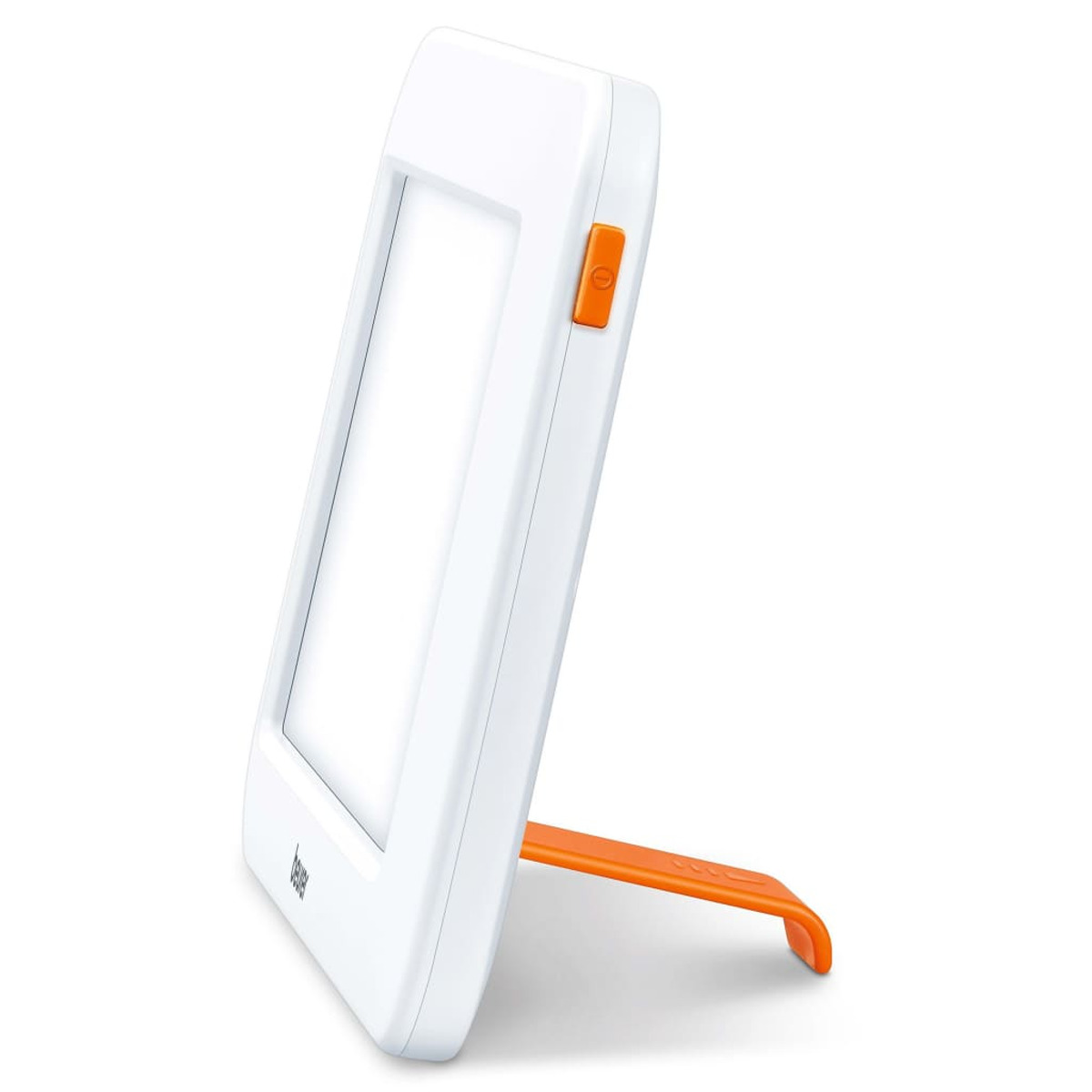 Eine weiße Lichttherapielampe mit einem orangefarbenen Ständer und Knopf.