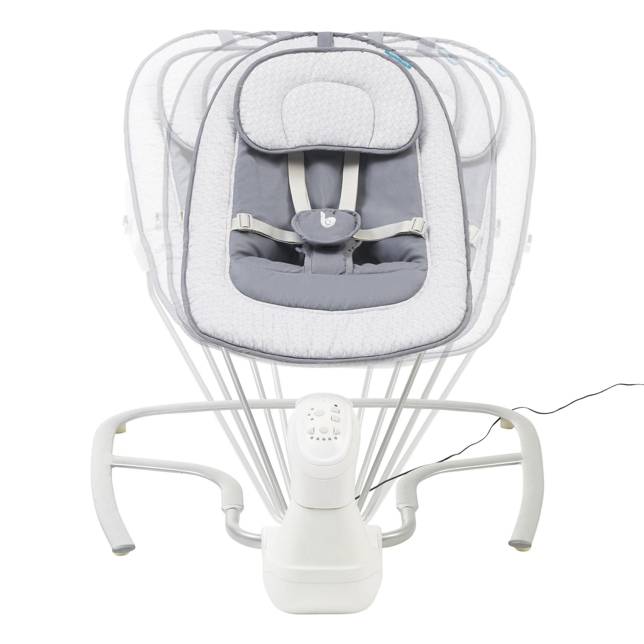 Babyschaukel mit Sitz und Bedienfeld. Weiße und graue Farben.
