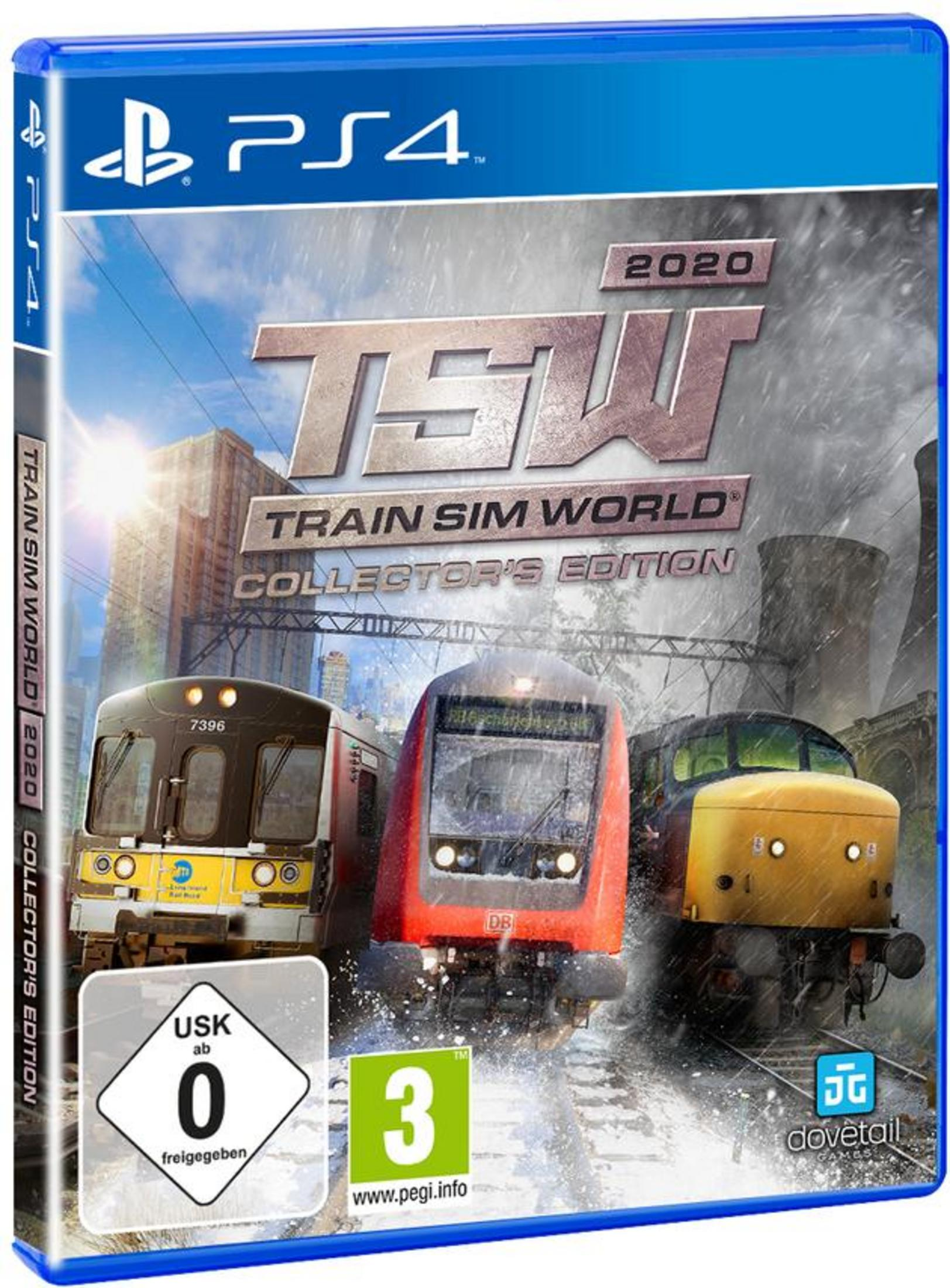 PS4-Spielbox für 'Train Sim World 2020'. Enthält Züge auf Gleisen in einer Stadt mit Schornsteinen.