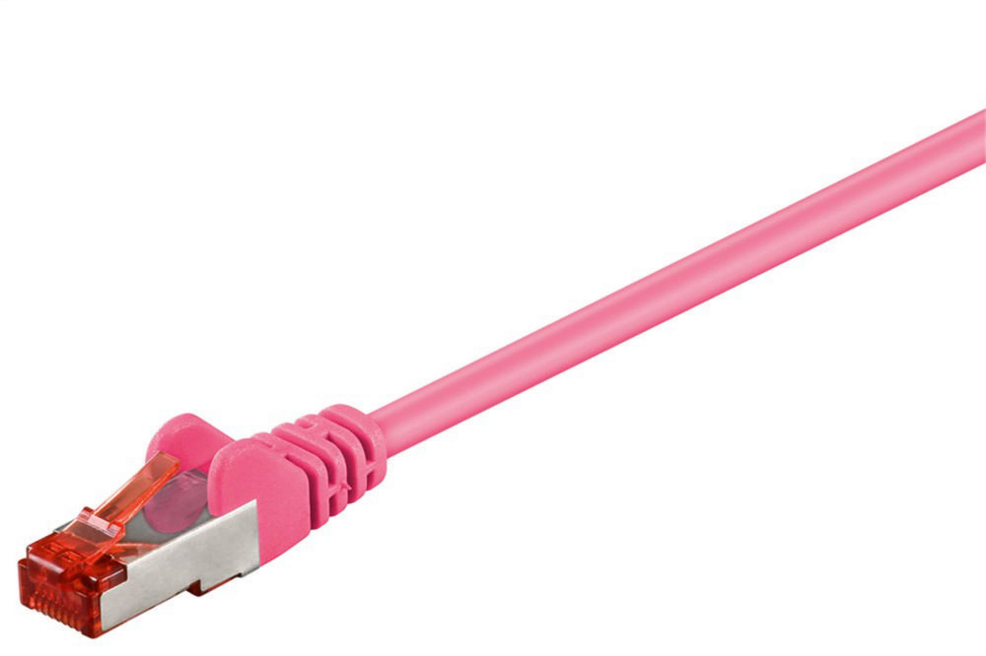 Cavo Ethernet rosa. Un'estremità ha un connettore, l'altra è libera. Sfondo bianco.
