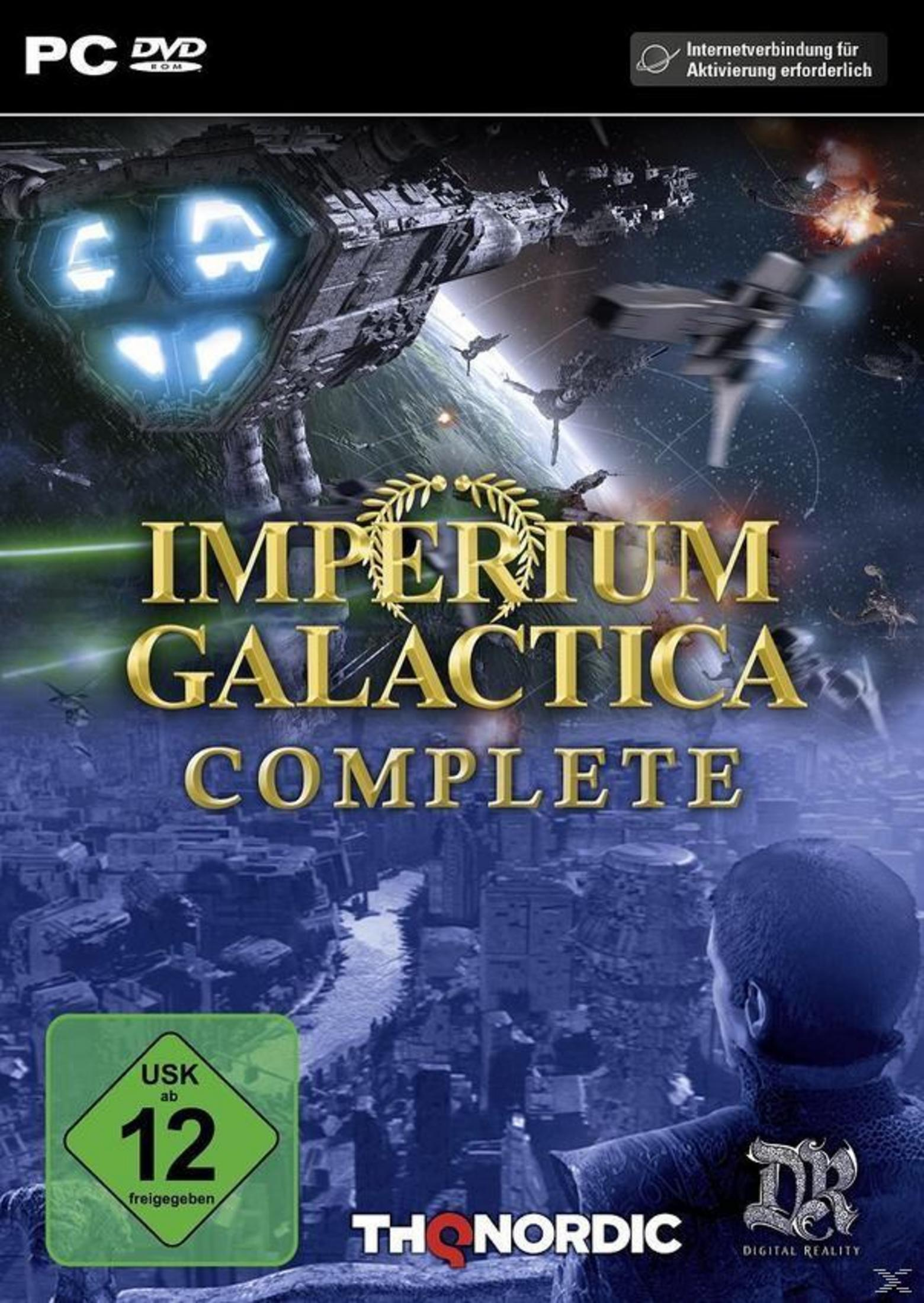 Spielcover von Imperium Galactica Complete. Eine Weltraumszene mit einer Stadt und Raumschiffen.