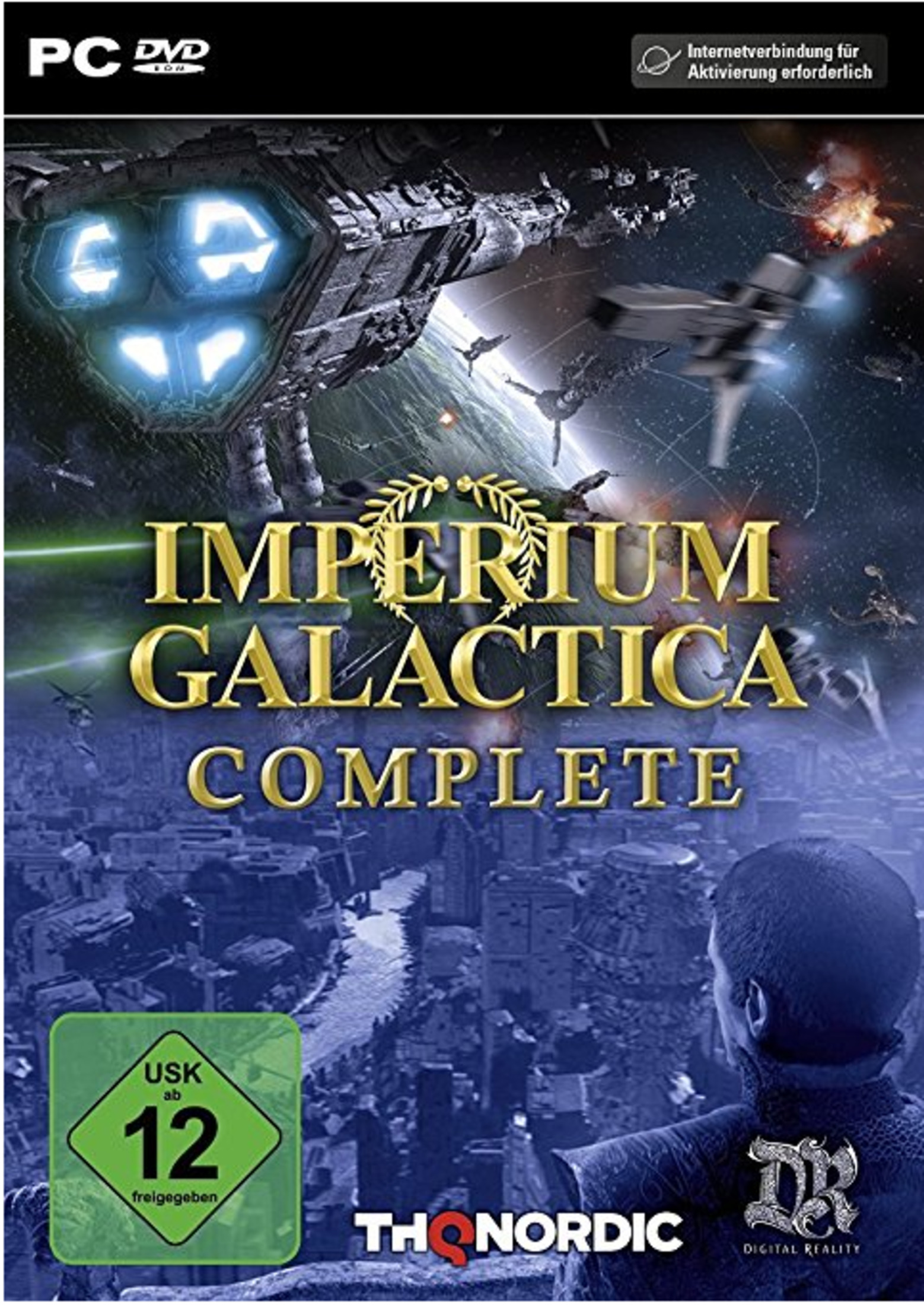Spielbox für Imperium Galactica Complete. Raumschiffe und Stadtansicht sind dargestellt. Der Titel ist goldfarben.