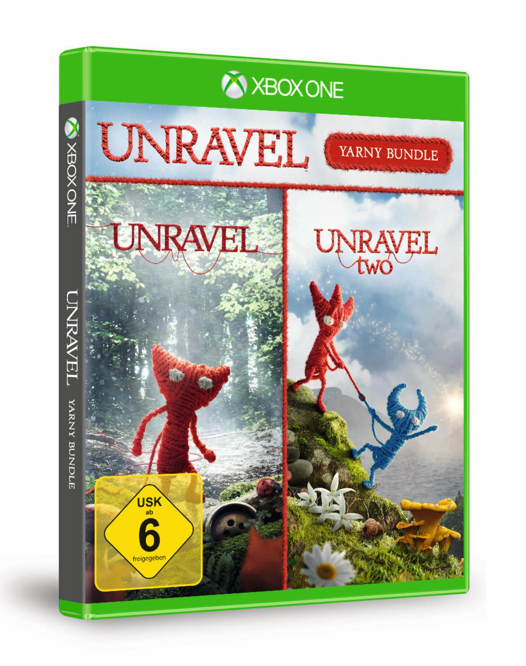 Xbox One Spielhülle 'Unravel Yarny Bundle' mit zwei Garnfiguren auf dem Cover.
