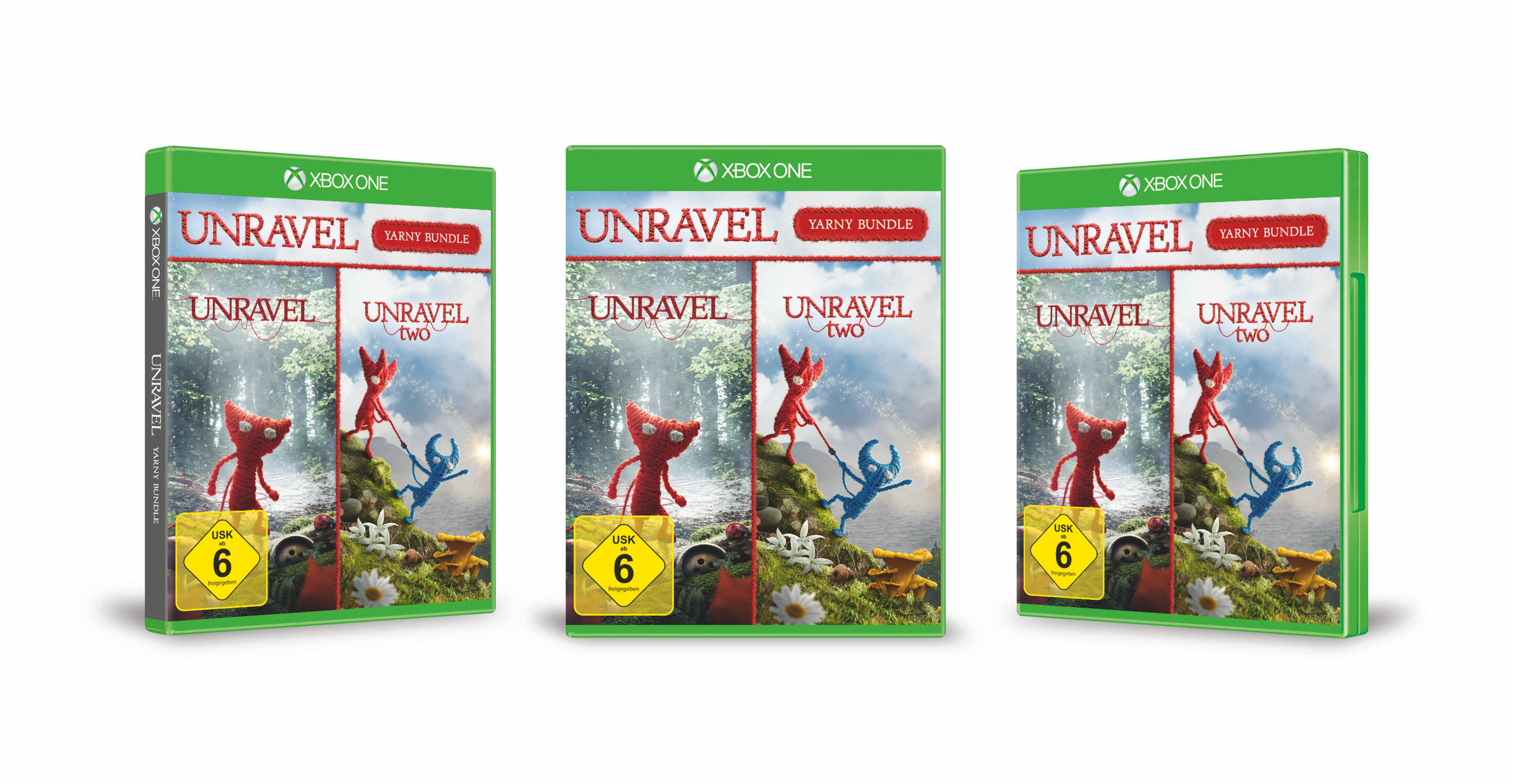 Drei Spielboxen von 'Unravel' und 'Unravel Two' mit roter Figur auf grünem Hintergrund.