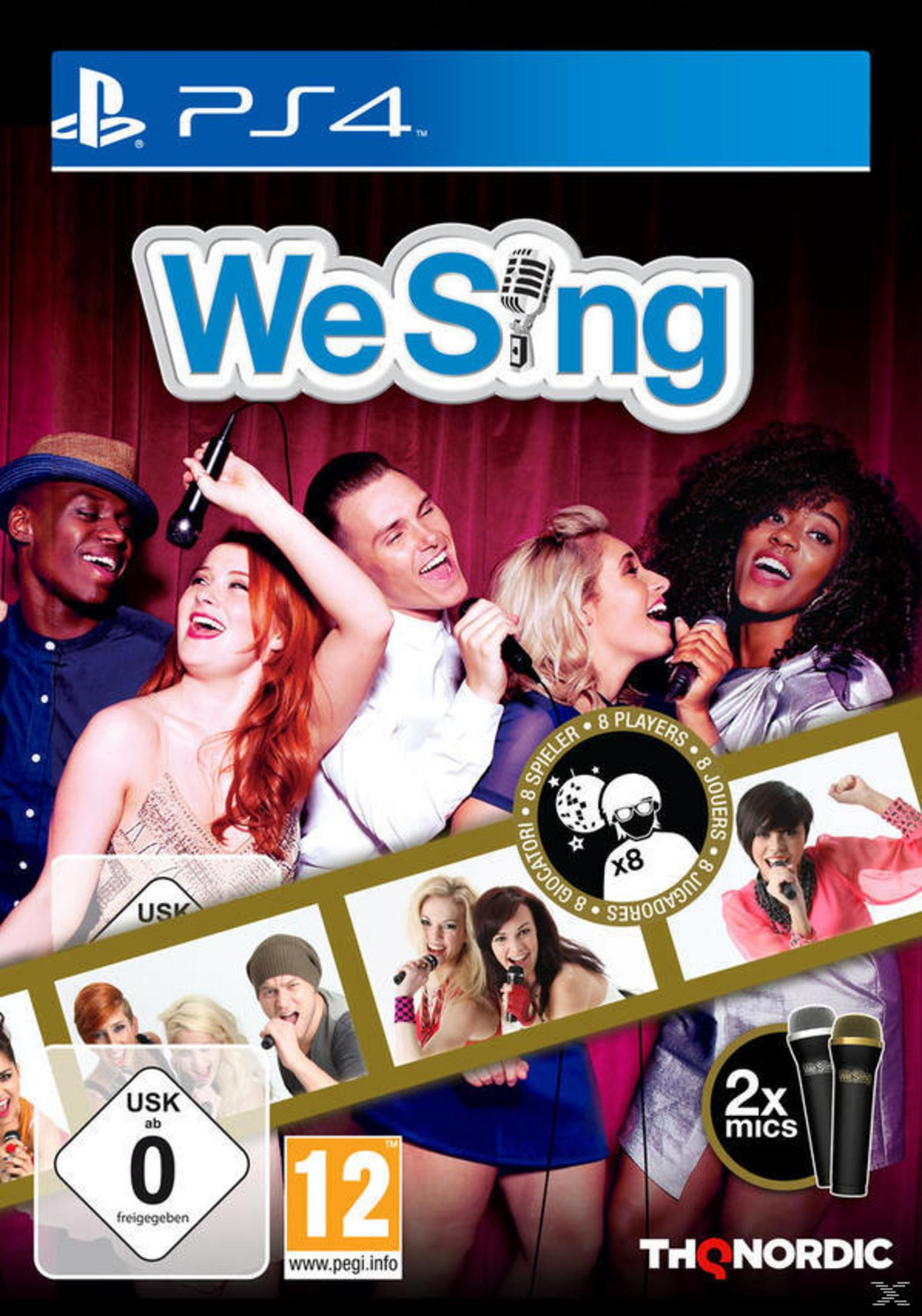 We Sing PS4-Spielbox. Zeigt mehrere Personen mit Mikrofonen. Der Spieletitel ist groß und blau.