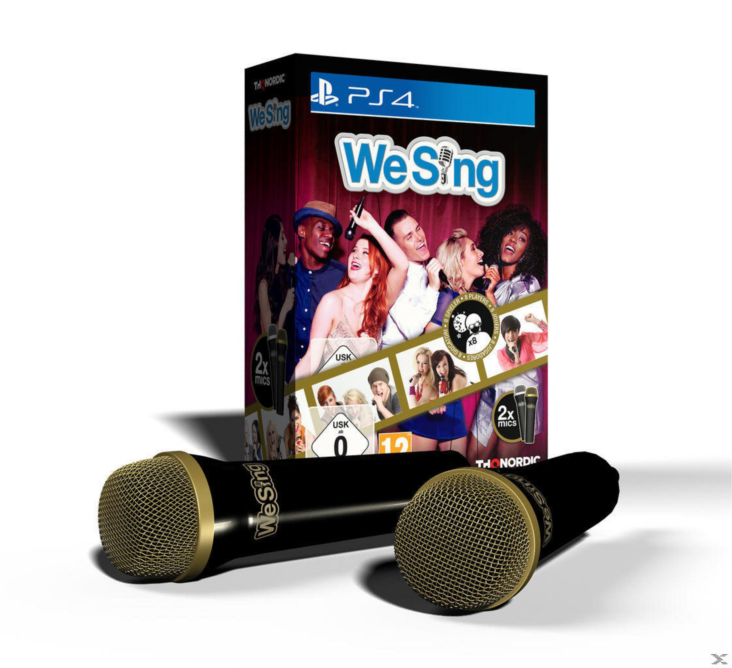 We Sing PS4-Spielbox mit Mikrofonen. Zeigt eine Gruppe von Menschen, die auf dem Cover singen.